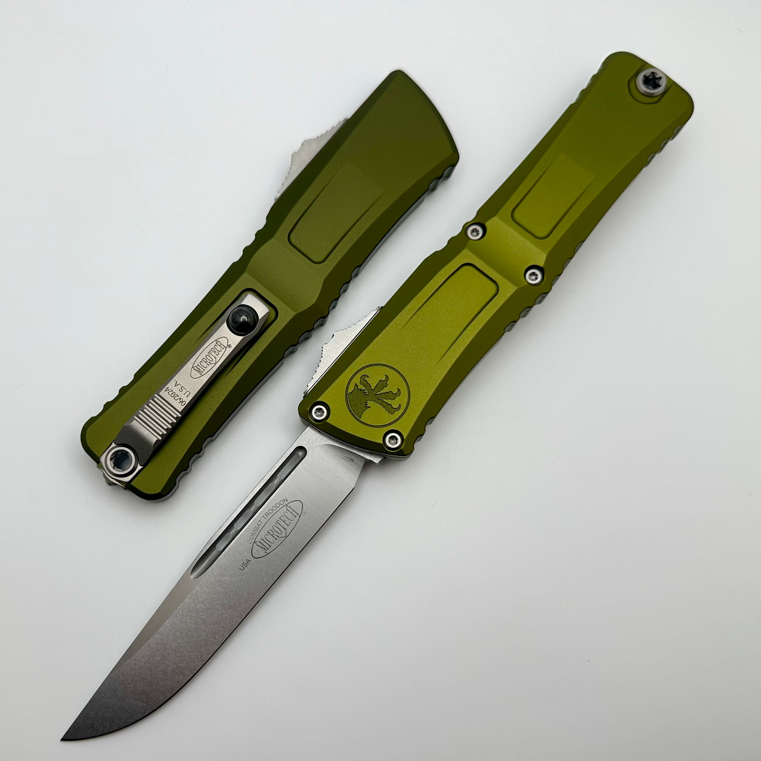 Microtech Combat Troodon Gen III Premium OTF Knife - Stonewash Single Edge with OD Green Handle