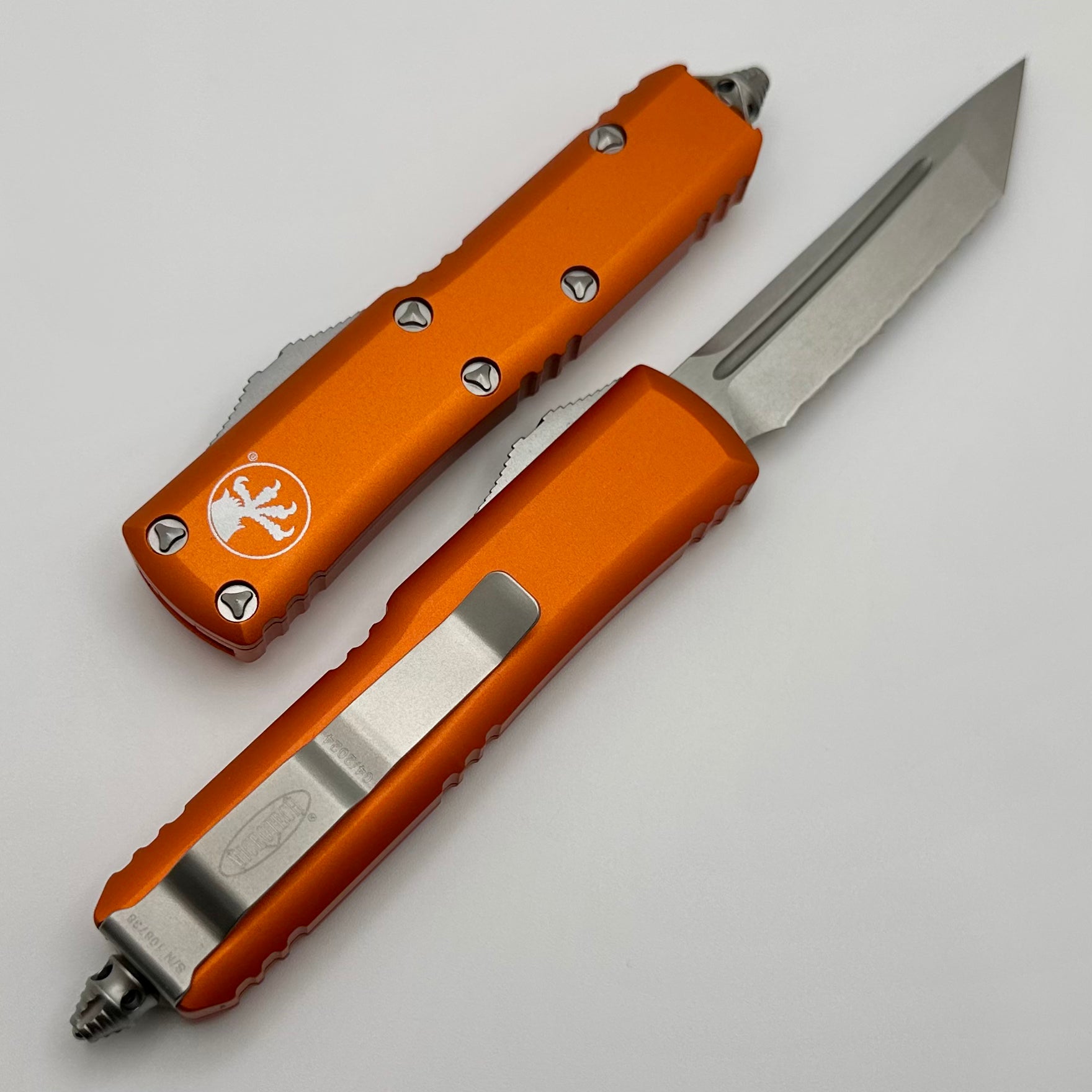 Microtech UTX-85 Tanto Tactical EDC Knife - Stonewash Full Serrated & Orange Handle