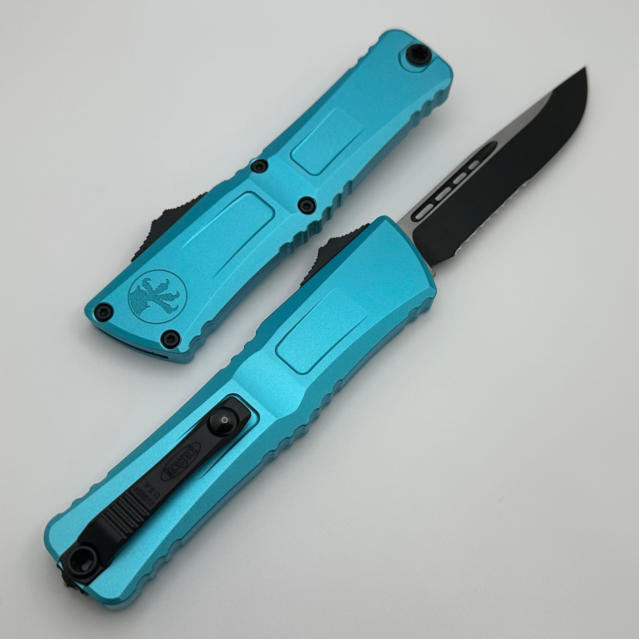 Premium Microtech Combat Troodon Gen III Tactical Knife - Black Partial Serrated Blade with Turquoise Handle