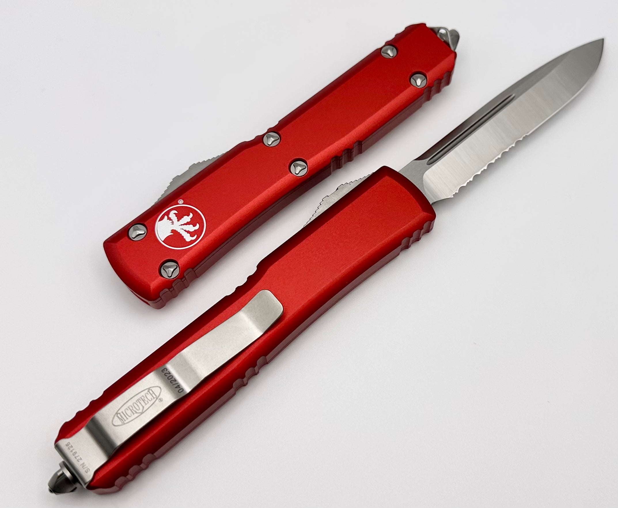 Microtech Ultratech Premium OTF Knife - Satin Partial Serrated & Red Handle