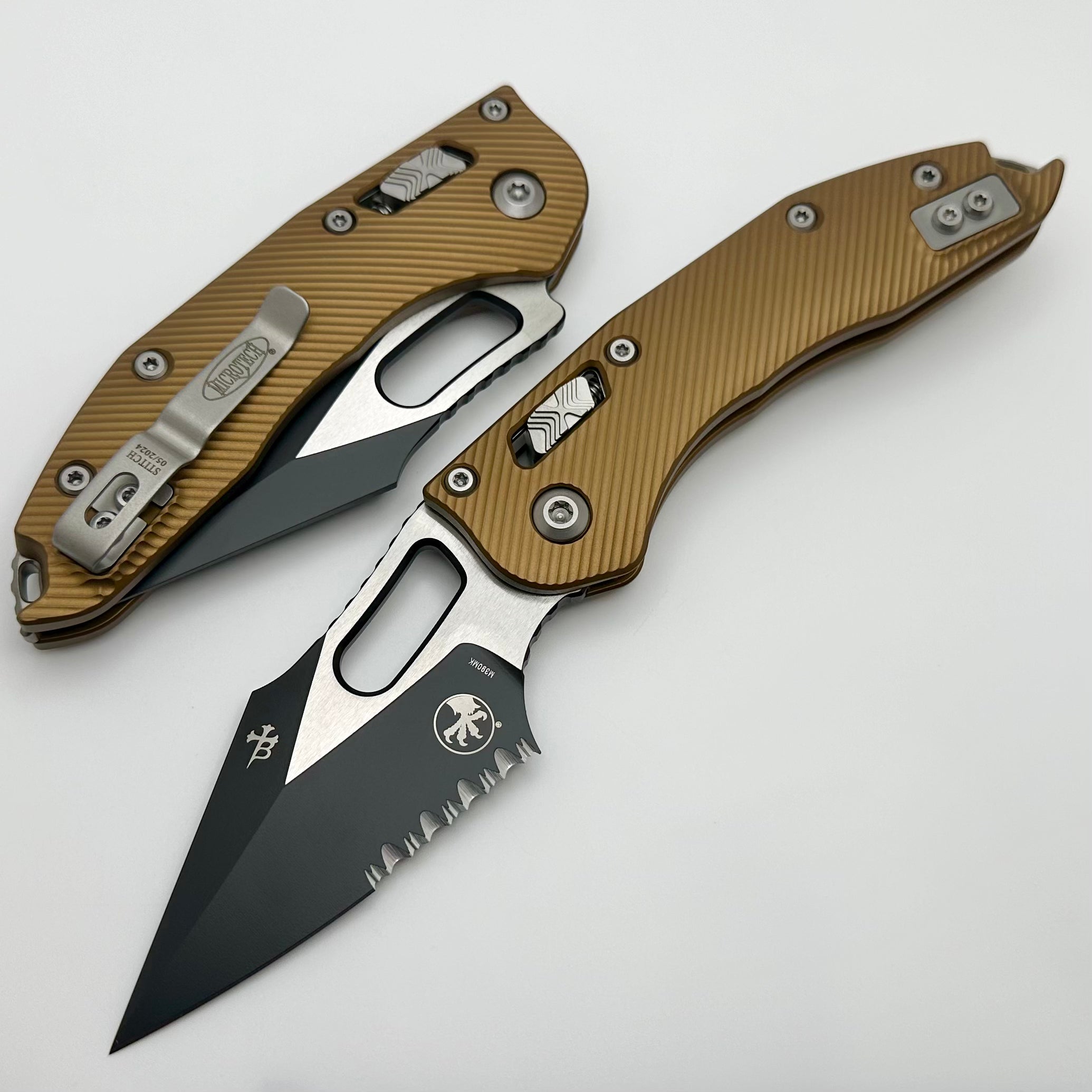 Premium Microtech Stitch RAM LOK Knife - Tan Aluminum & Two-Tone Black Serrated Blade