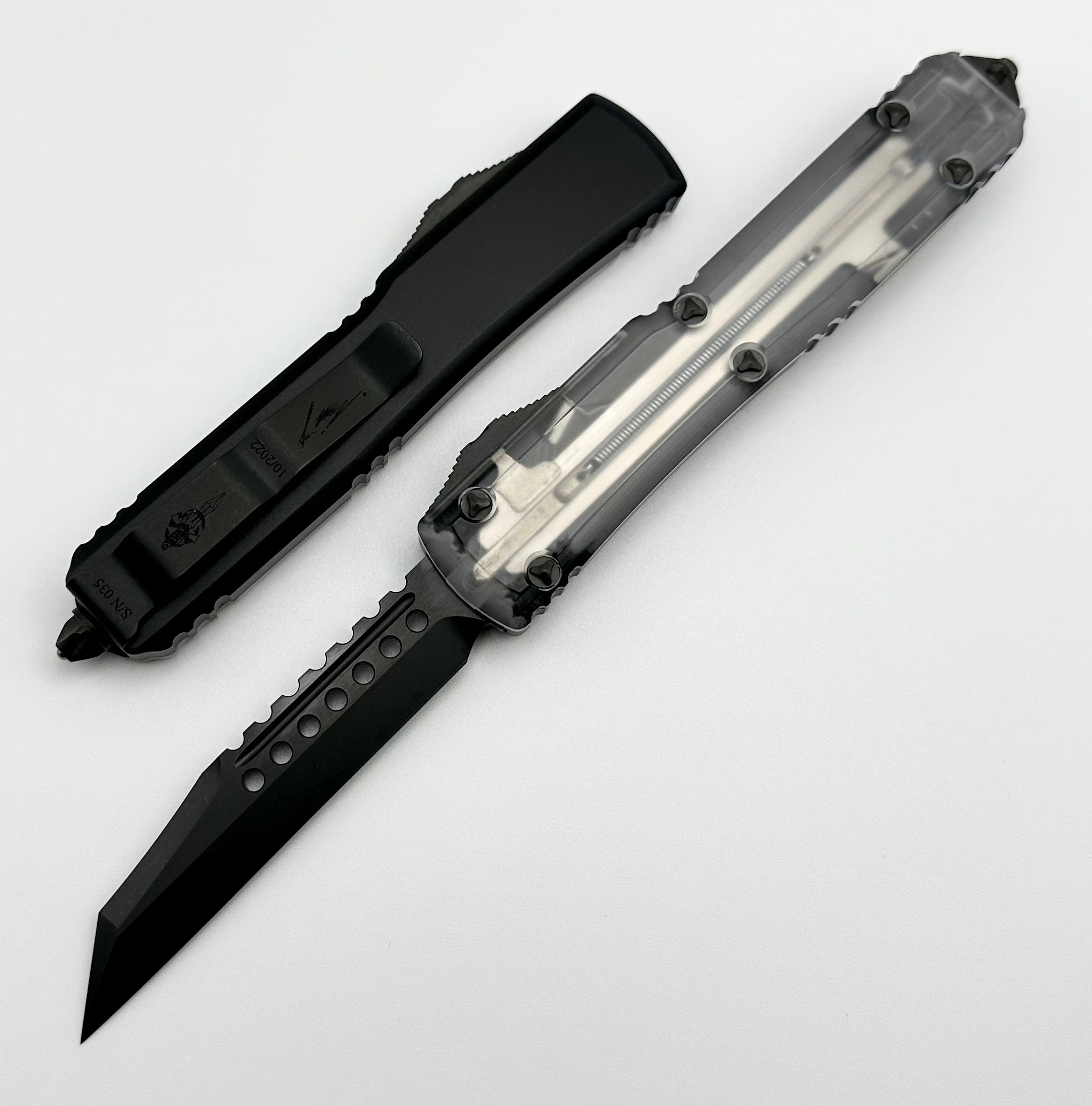 Premium Microtech Ultratech Warhound OTF Knife - Clear Top DLC Shadow