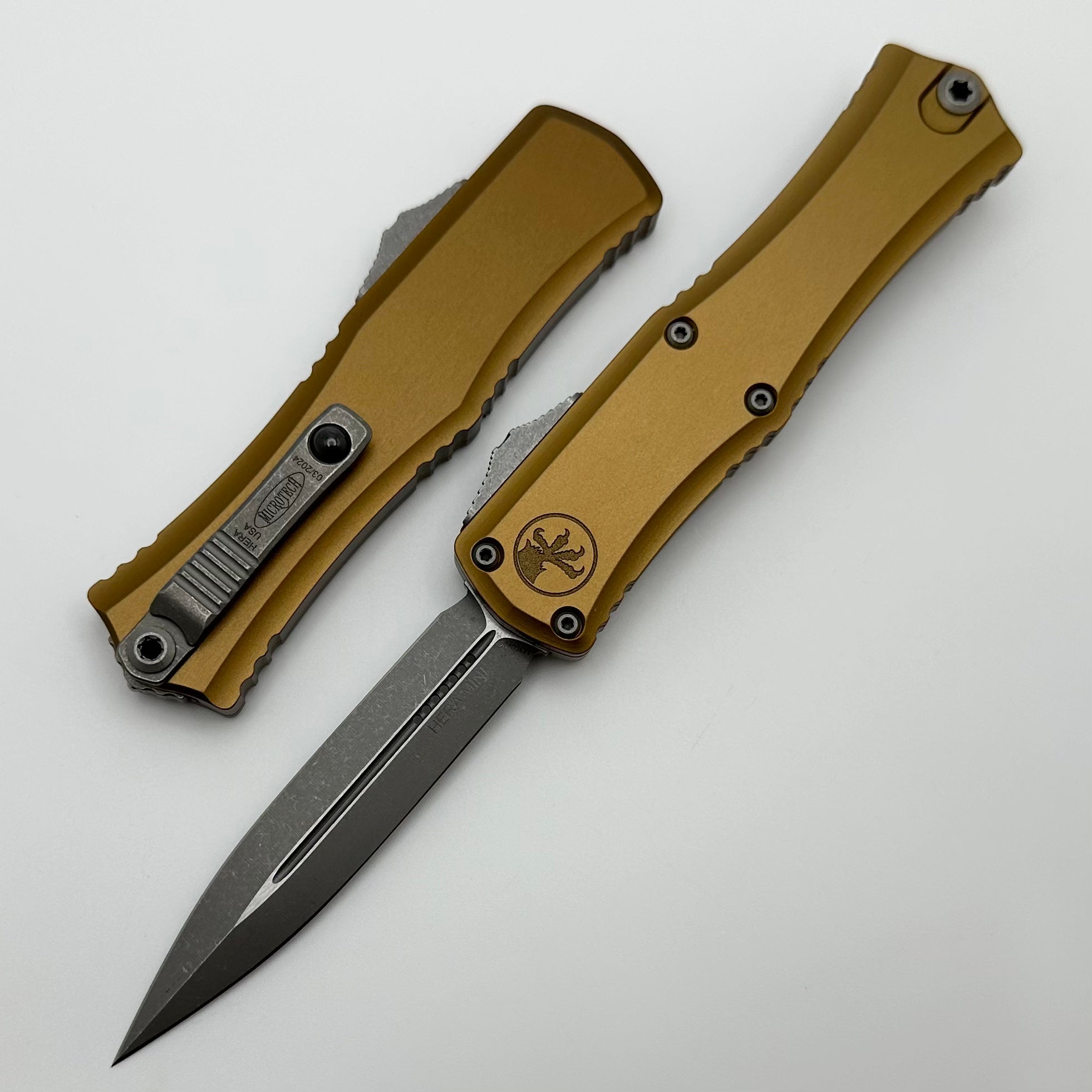 Microtech Mini Hera Apocalyptic OTF Knife - Premium M390MK Blade & Tan Aluminum Handle