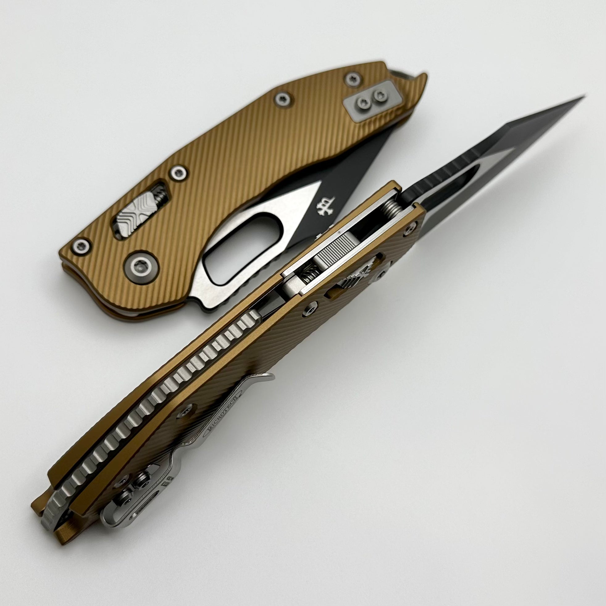 Premium Microtech Stitch RAM LOK Tactical Knife - Fluted Aluminum Tan & Black M390MK