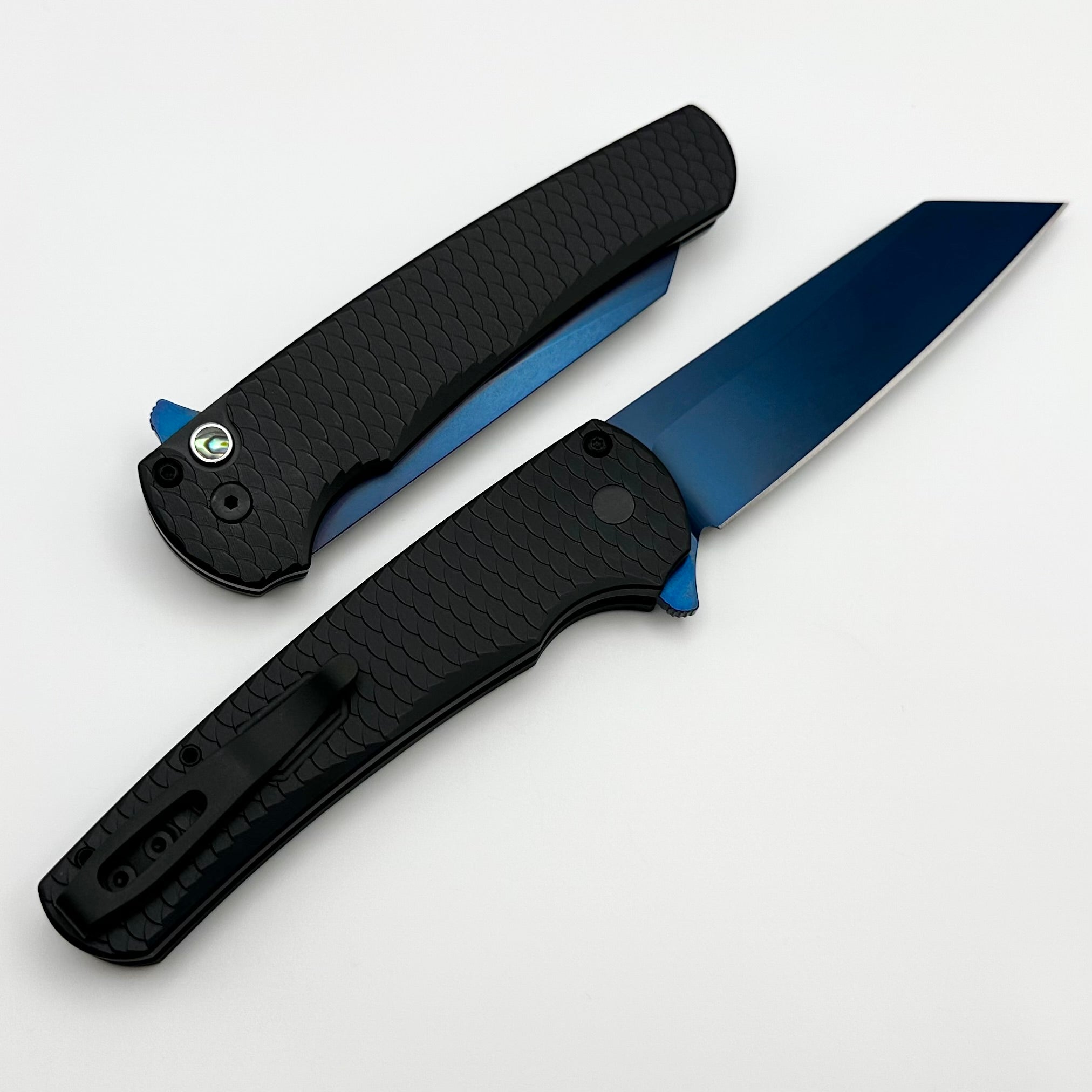 Pro-Tech Malibu Ultimate EDC Knife - Black Aluminum Dragon Scale Handle & Sapphire Blue 20CV Reverse Tanto