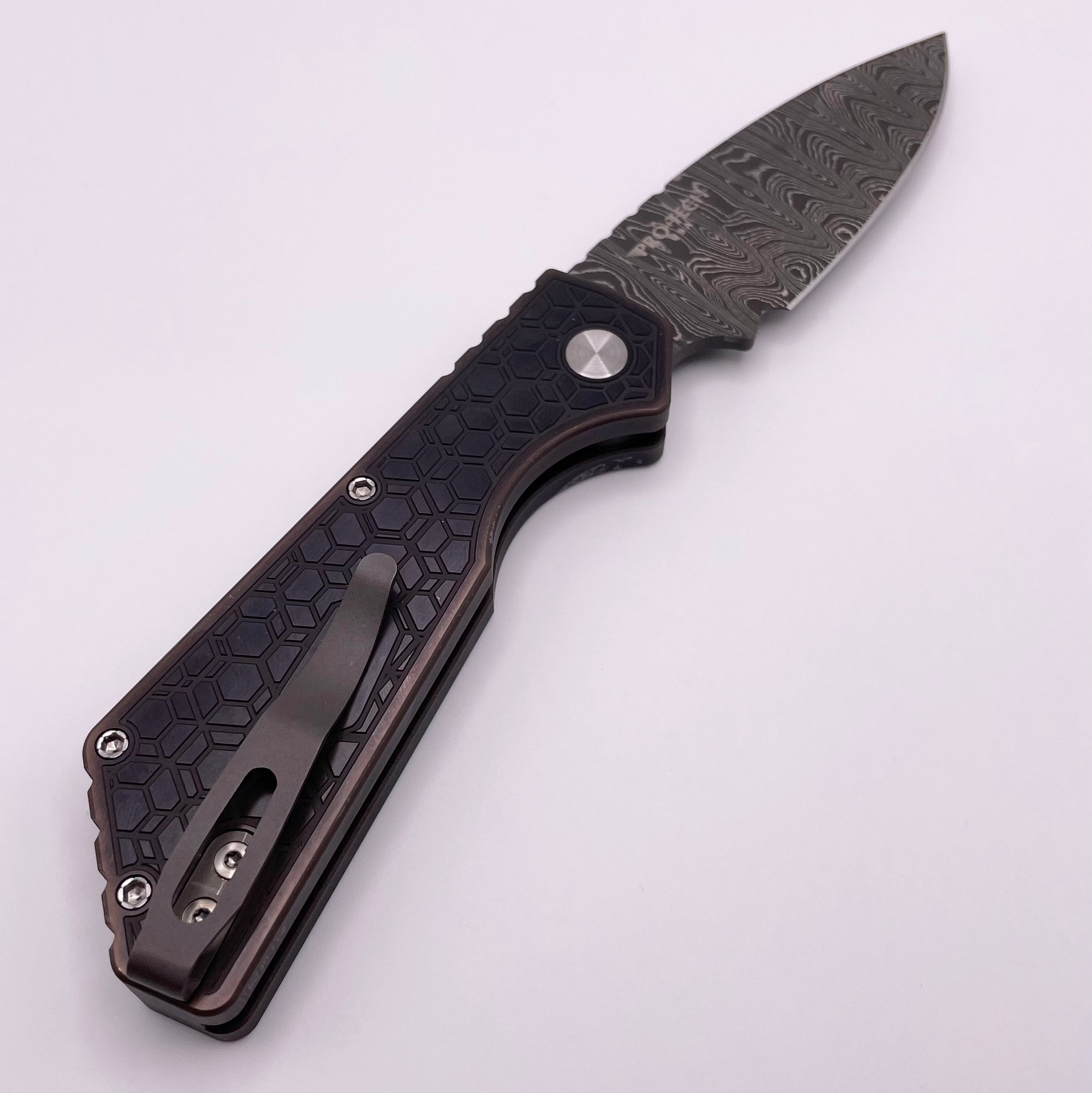 Premium Pre-Owned Pro-Tech PT Plus Antique PVD Knife with Mother of Pearl Button & Nichols Damascus Blade