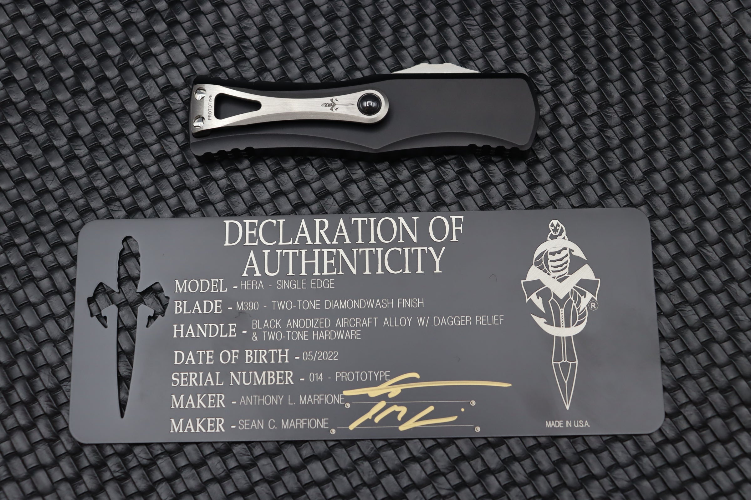 Premium Marfione Hera Prototype: Dual-Tone Diamond Wash Blade & Black Aluminum Handle