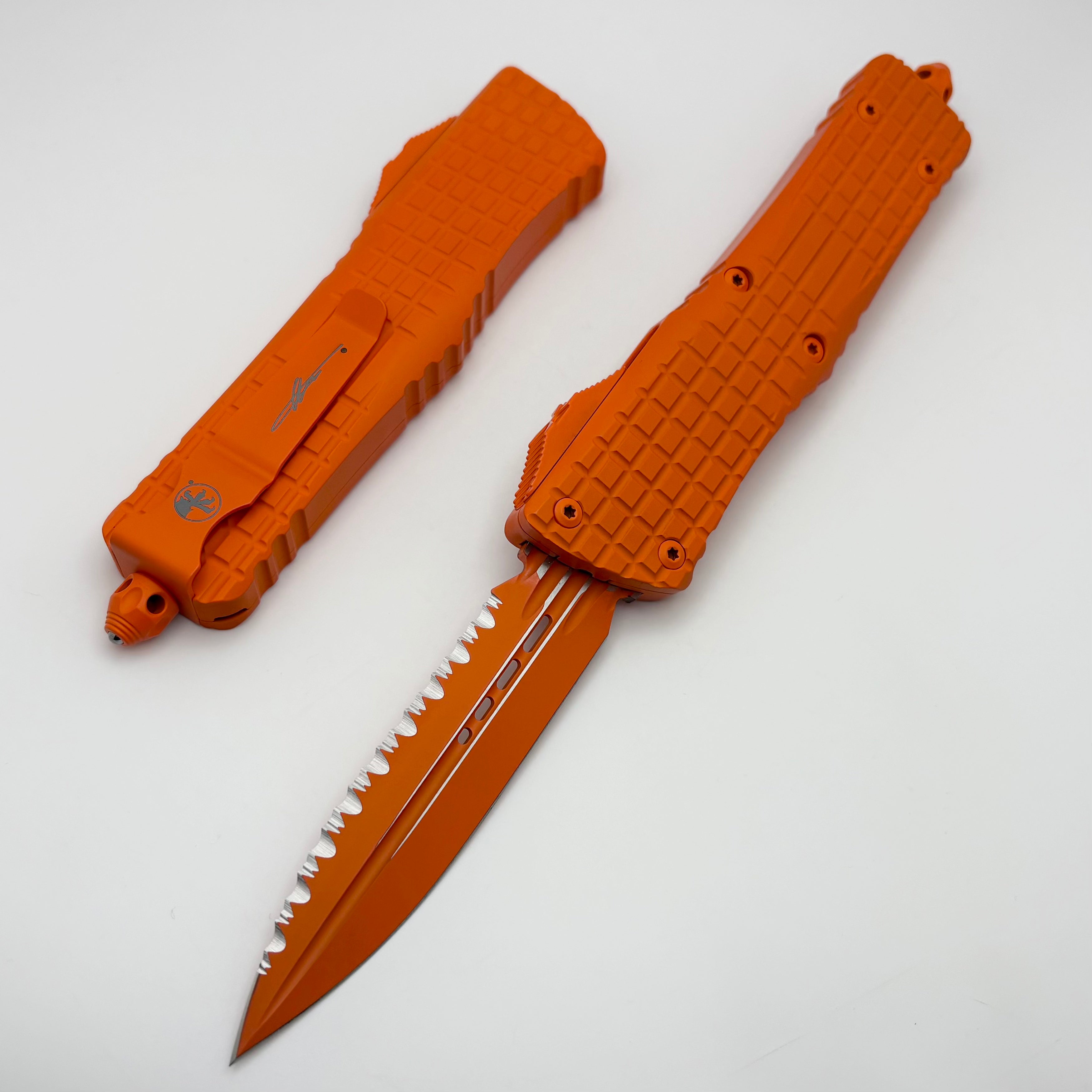 Premium Microtech Combat Troodon OTF Knife - Orange Cerakote, Full Serrated D/E