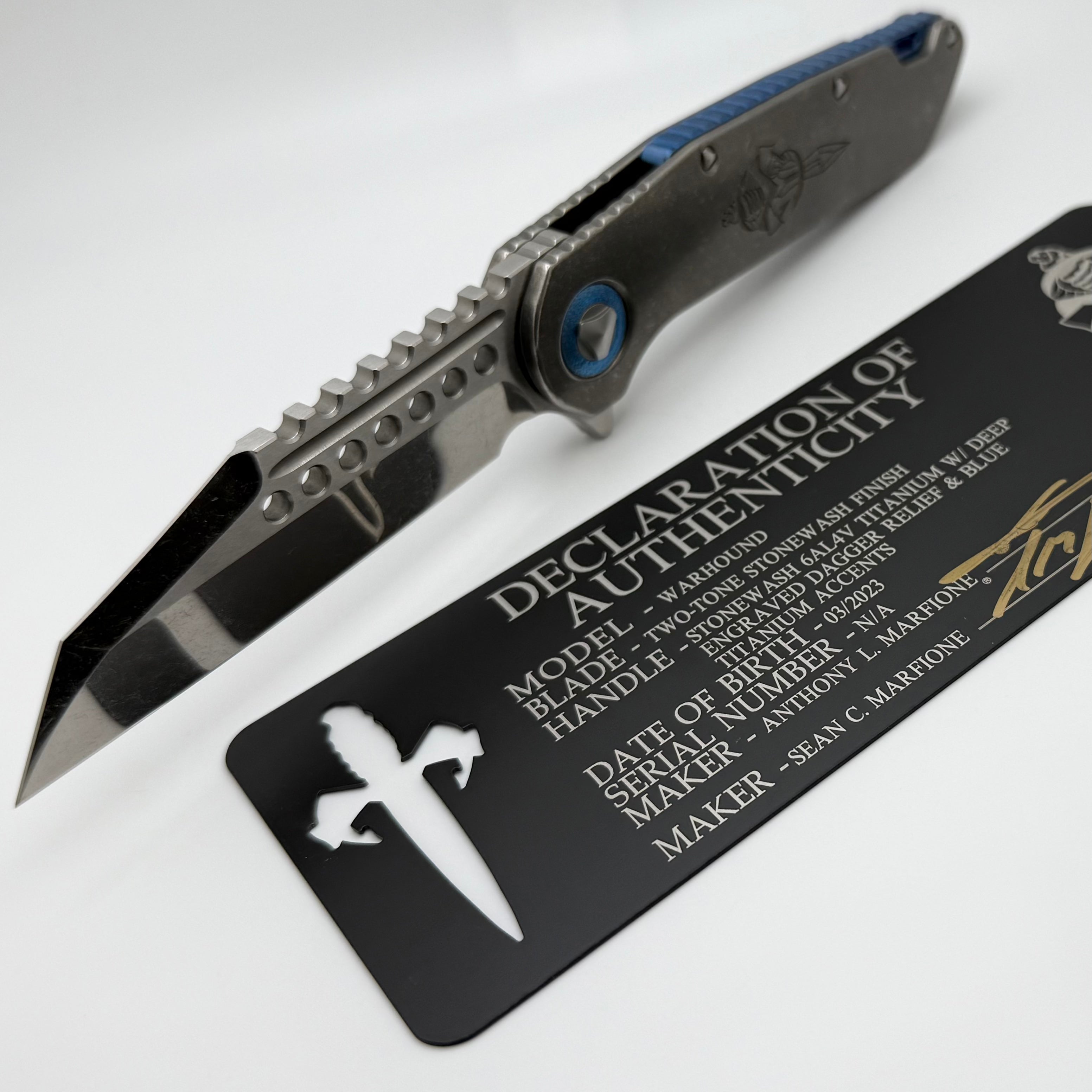 Premium Pre-Owned Marfione Custom Warhound Knife - Titanium Stonewash Finish with CTS-204P Blade & Blue Accents