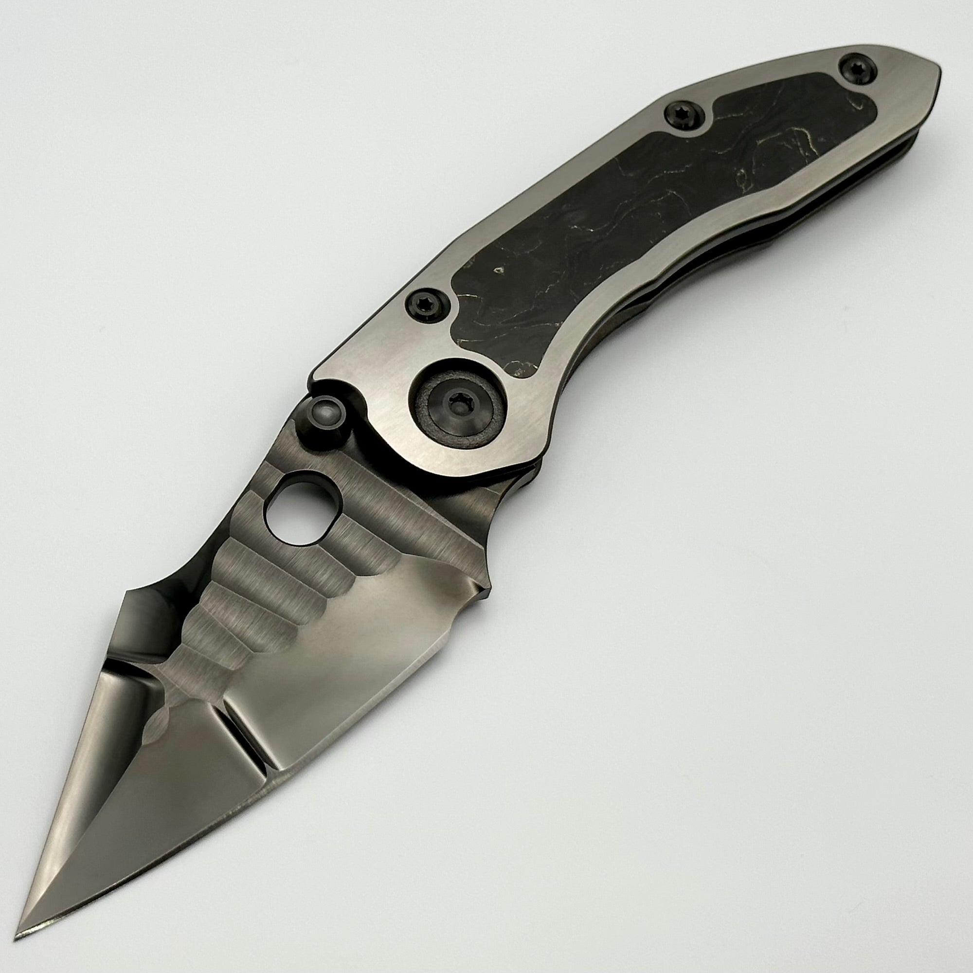 Premium Marfione Custom Knives & Borka Blades Darkstar Stitch - Diamond Wash & Rocked Double Star Grind M390, Two Tone Satin/DLC, Peso Gold Carbon Fiber Inlaid Titanium (Pre-Owned)