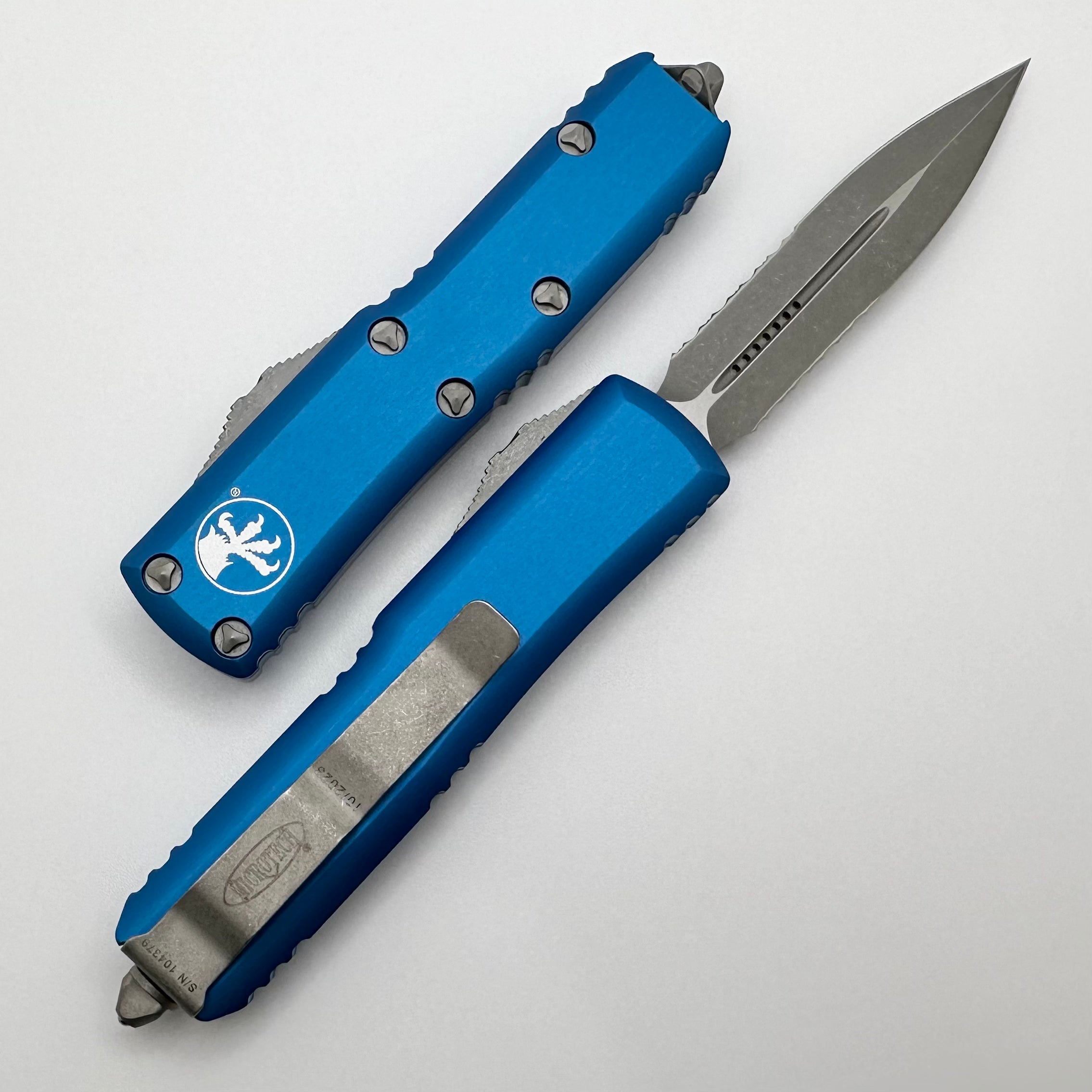 Microtech UTX-85 Premium Apocalyptic Double Edge Knife - Blue Partial Serrated