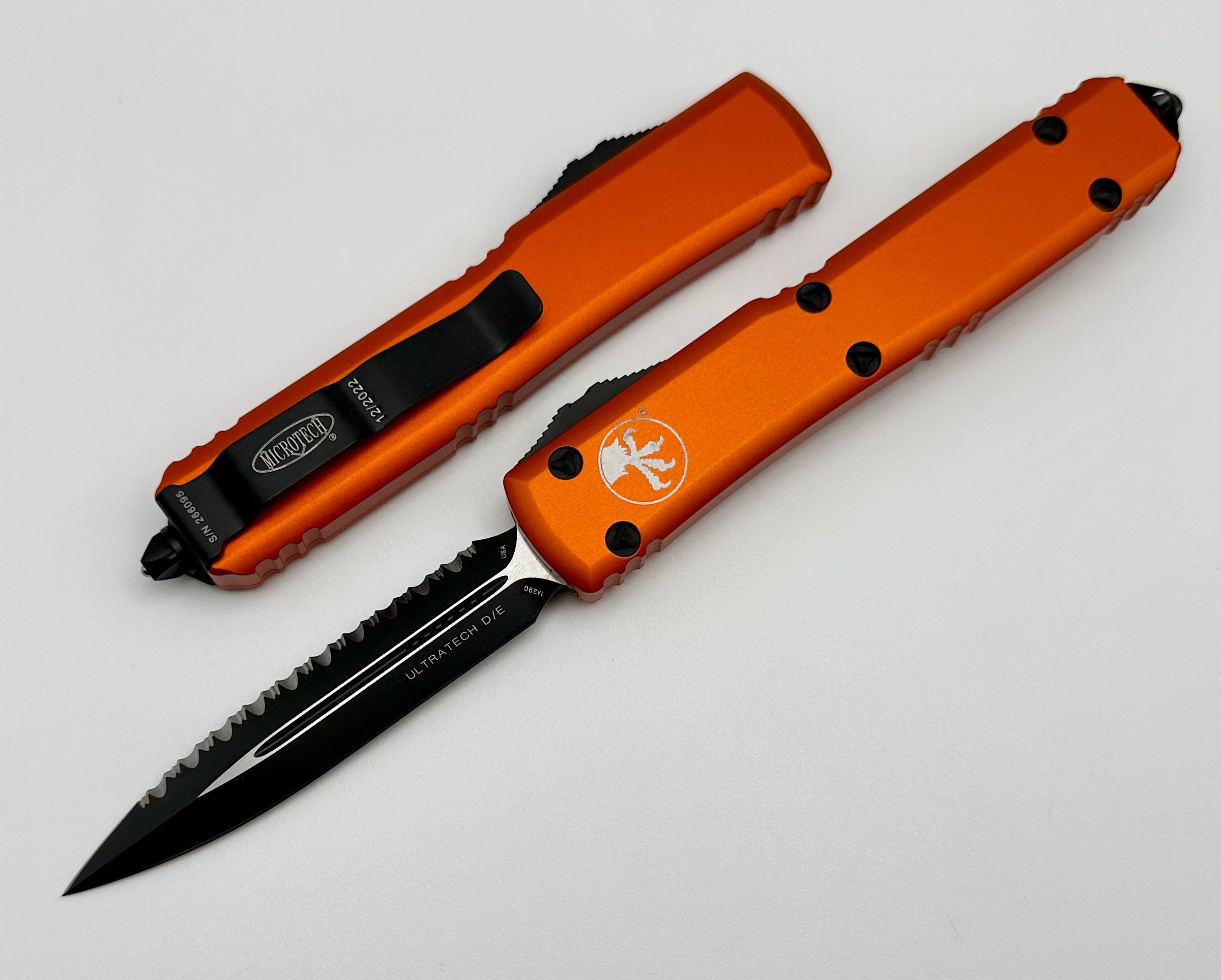 Microtech Ultratech Premium Double Edge Knife - Black Serrated & Orange Handle