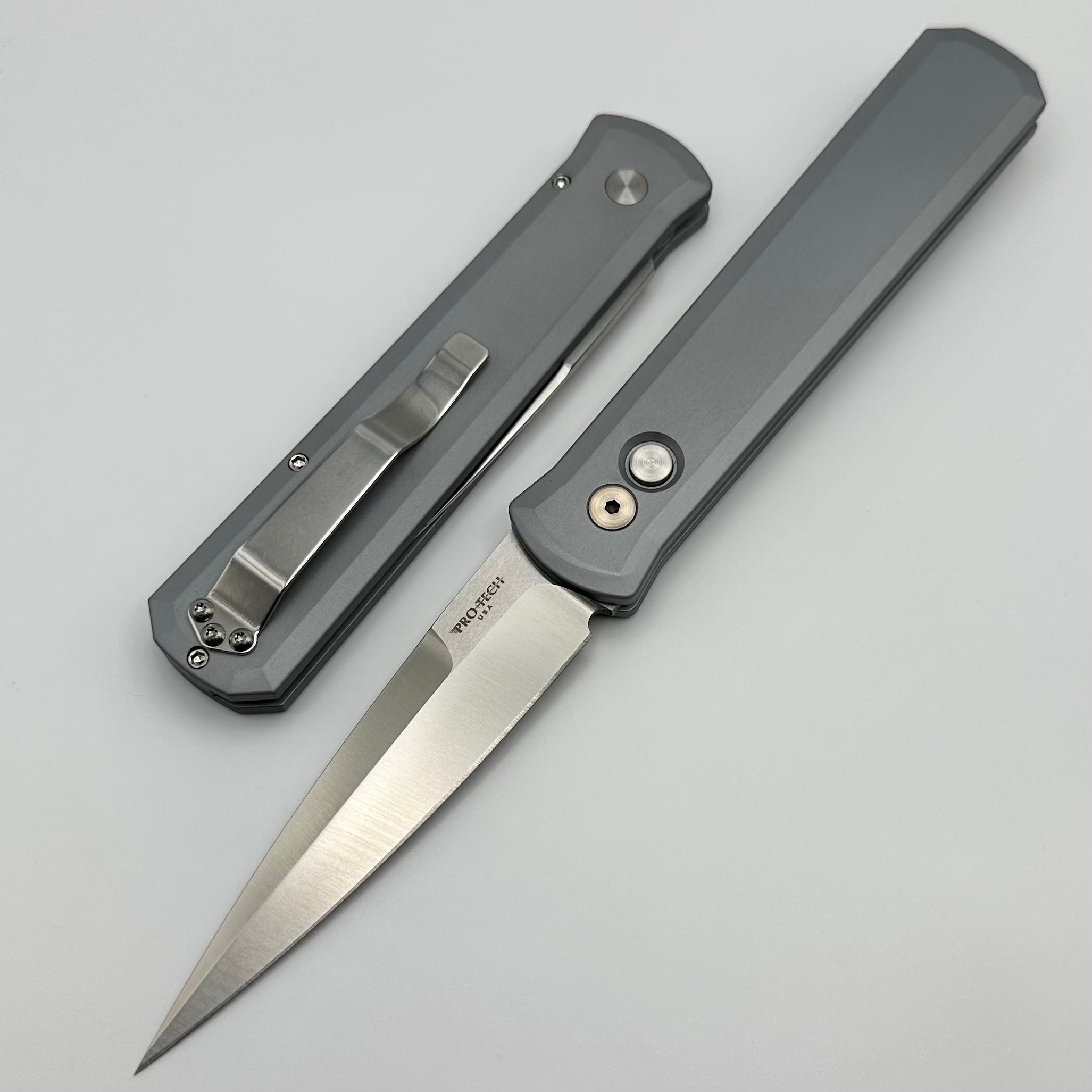 Pro-Tech Godfather Premium Automatic Knife - Grey Handle & Satin 154-CM Blade