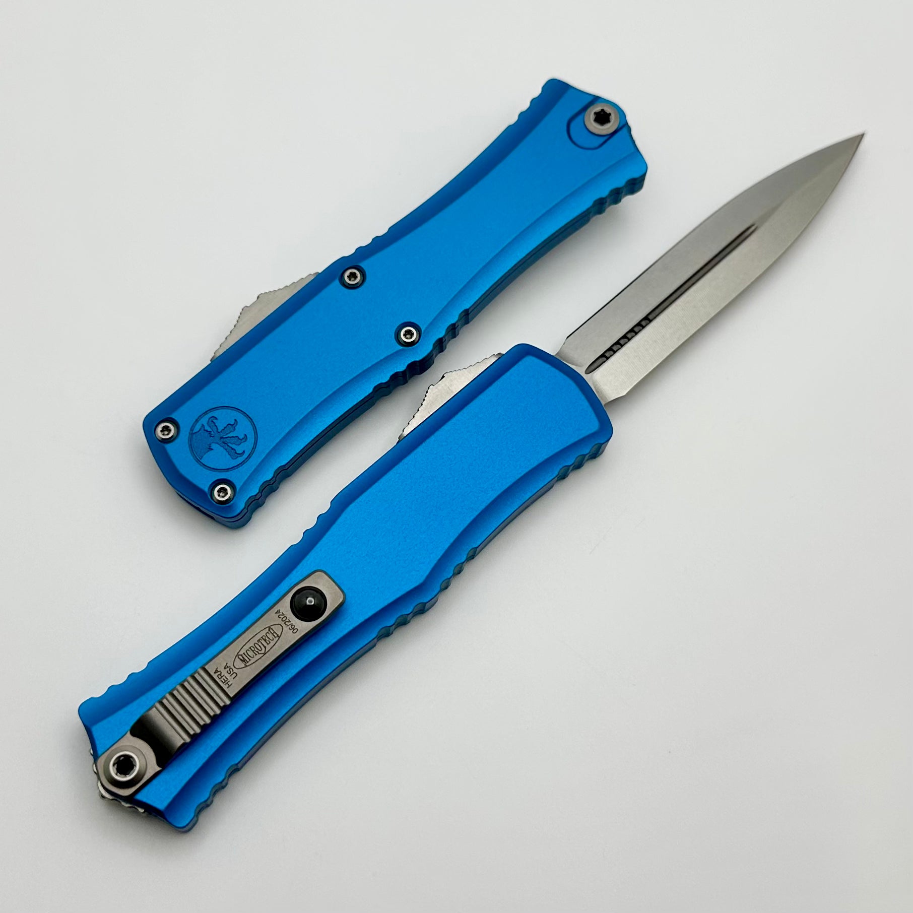 Microtech Premium Mini Hera OTF Knife - M390MK Stonewash Blade, Blue Aluminum Handle