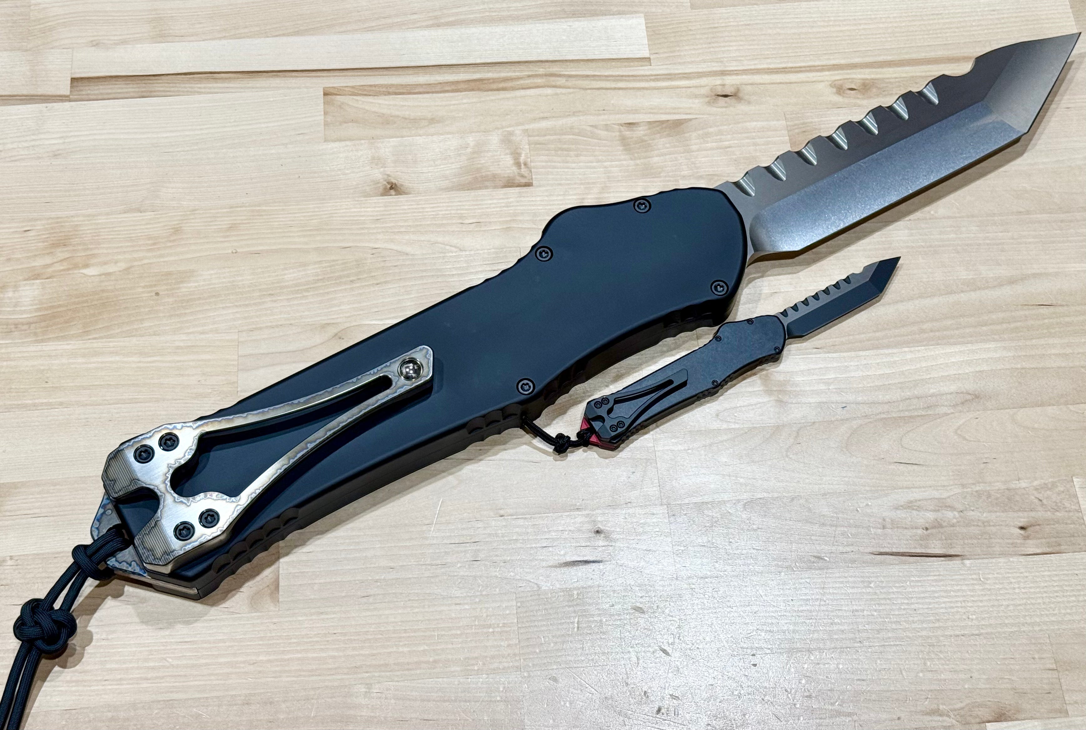 Heretic Giant Hydra 3X Premium Tactical Knife - Custom Black Aluminum Handle & Stonewash Tanto M390 Blade