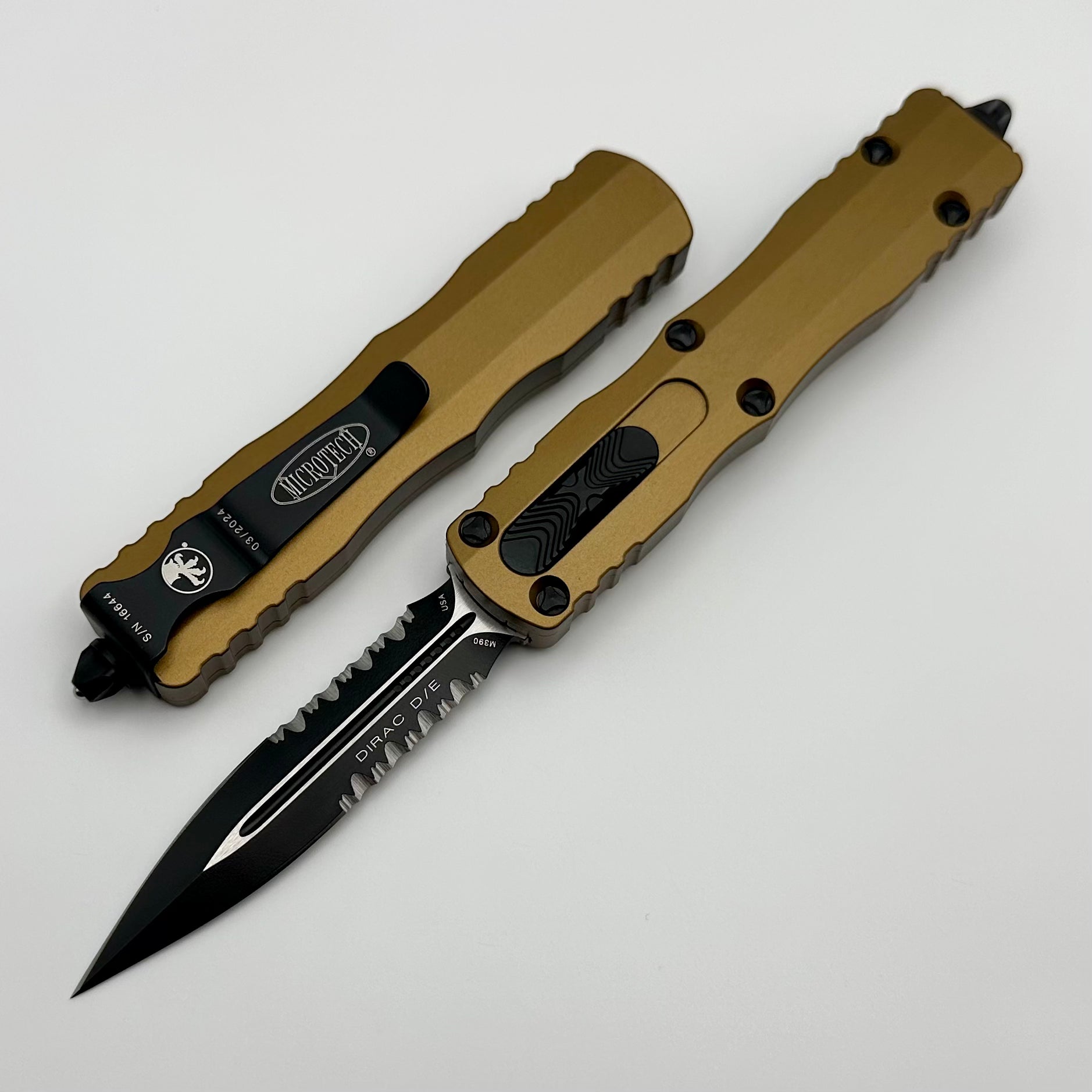 Microtech Dirac Premium Double Edge Tactical Knife - Black Partial Serrated & Tan