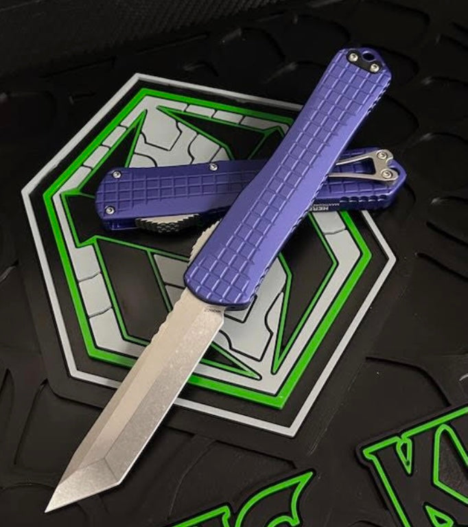 Heretic Knives Manticore X Premium OTF Knife - Purple Frag Handle & Stonewash Tanto MagnaCut