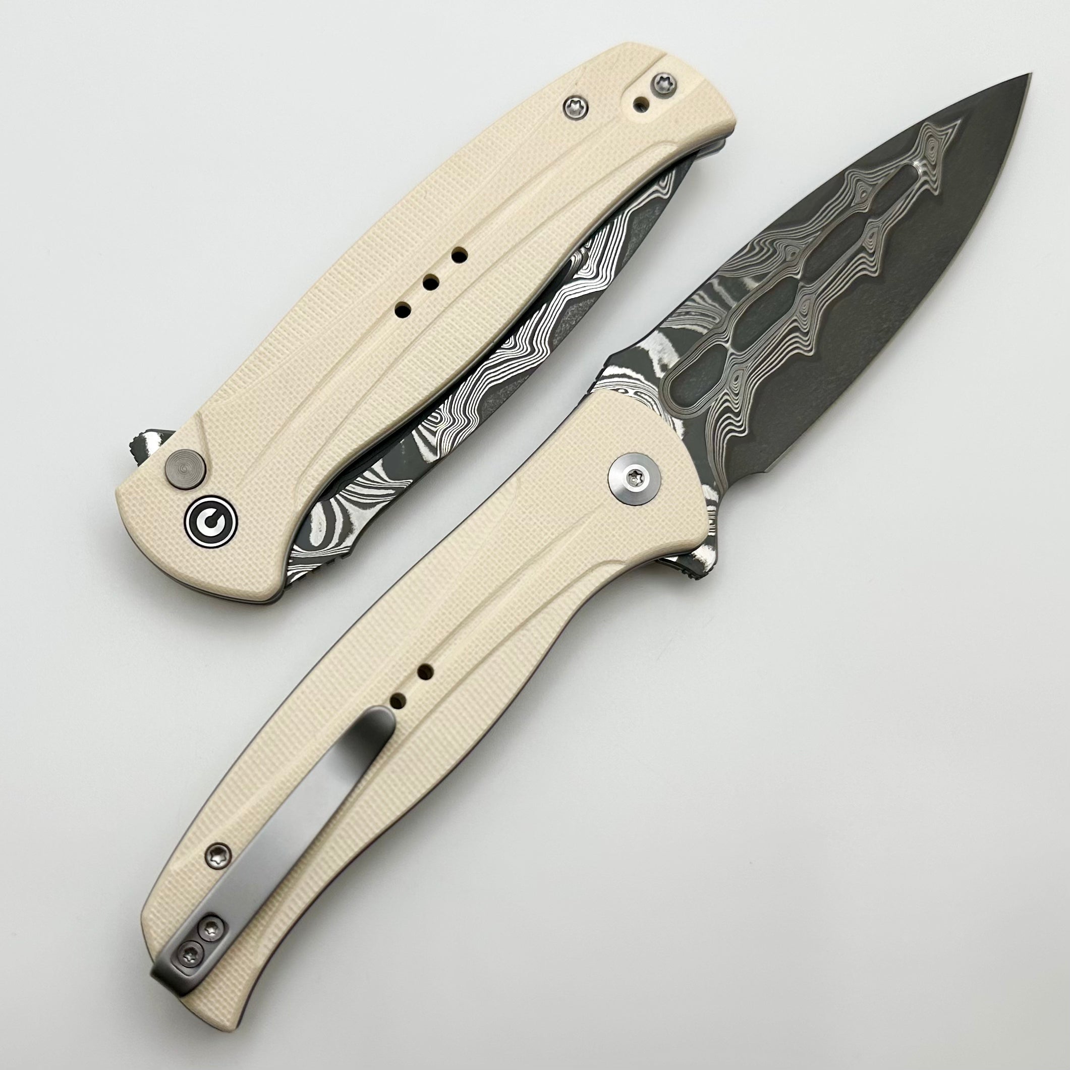 Civivi Incendie Premium Button Lock Flipper Knife with Ivory/White G-10 Handles & Damascus Blade