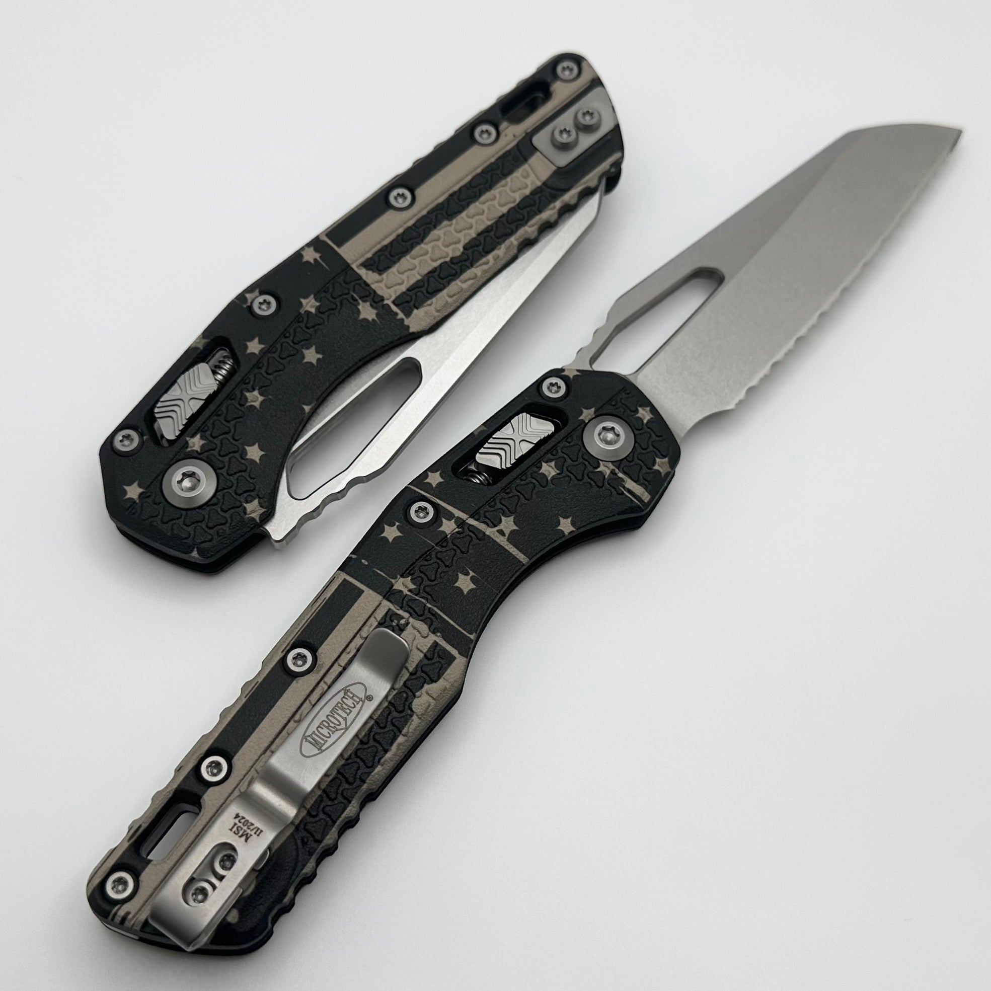 Microtech MSI RAM LOK Tactical Folding Knife - USA Flag Design, Full Serrated M390MK Blade