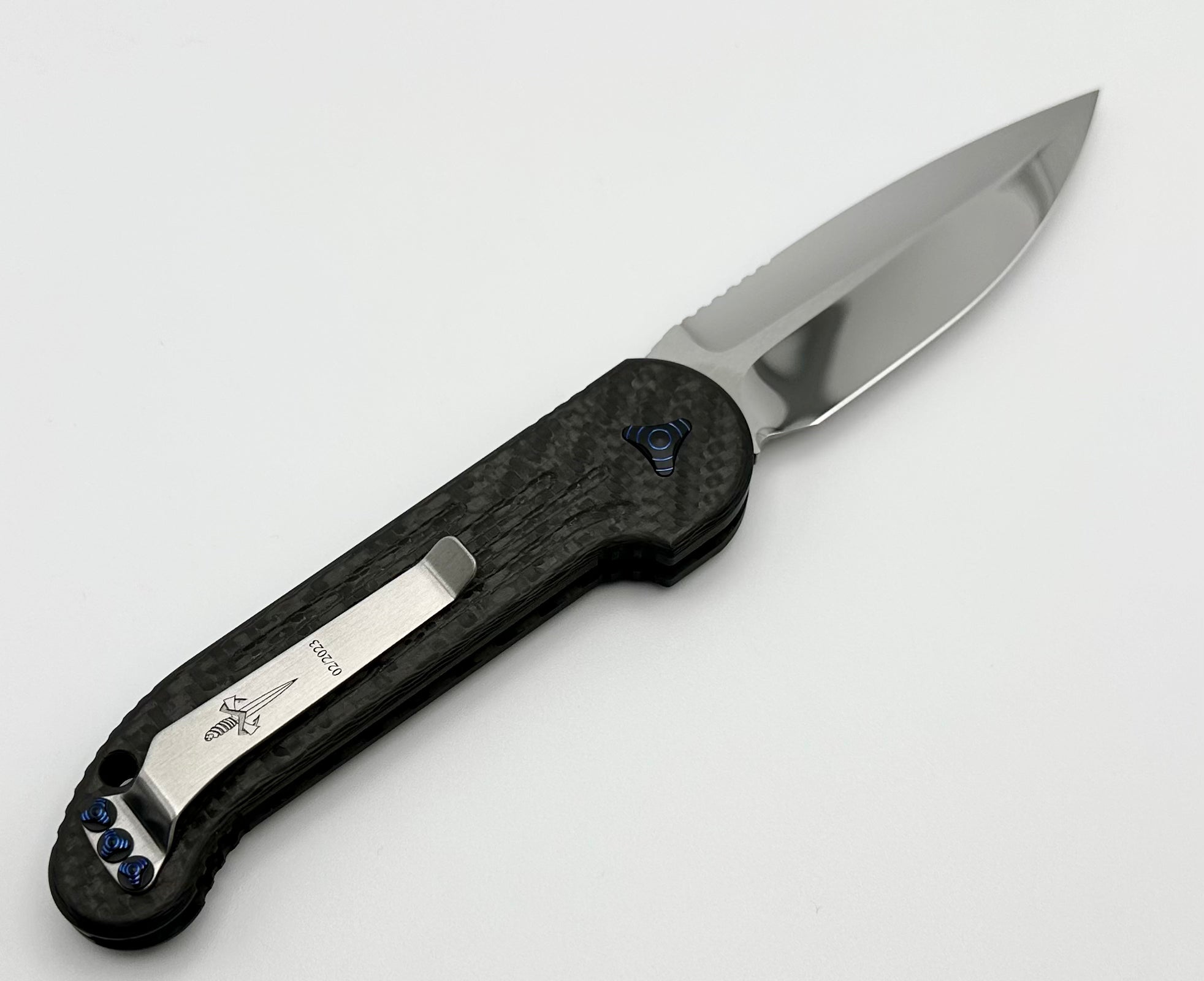 Premium Marfione Custom LUDT Knife - Mirror Polish with Carbon Fiber & Blue Accents