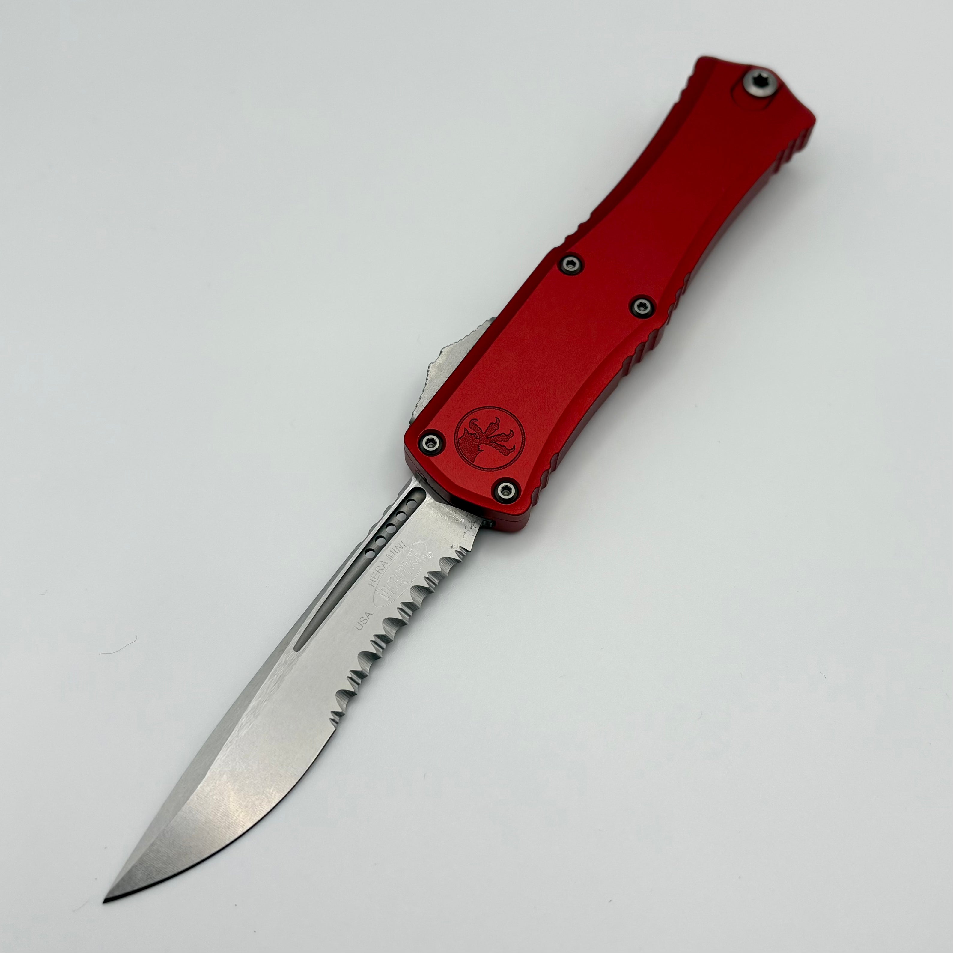 Premium Pre-Owned Microtech Hera II Mini Knife - Stonewash Finish, Red Aluminum Handle, M390MK Steel