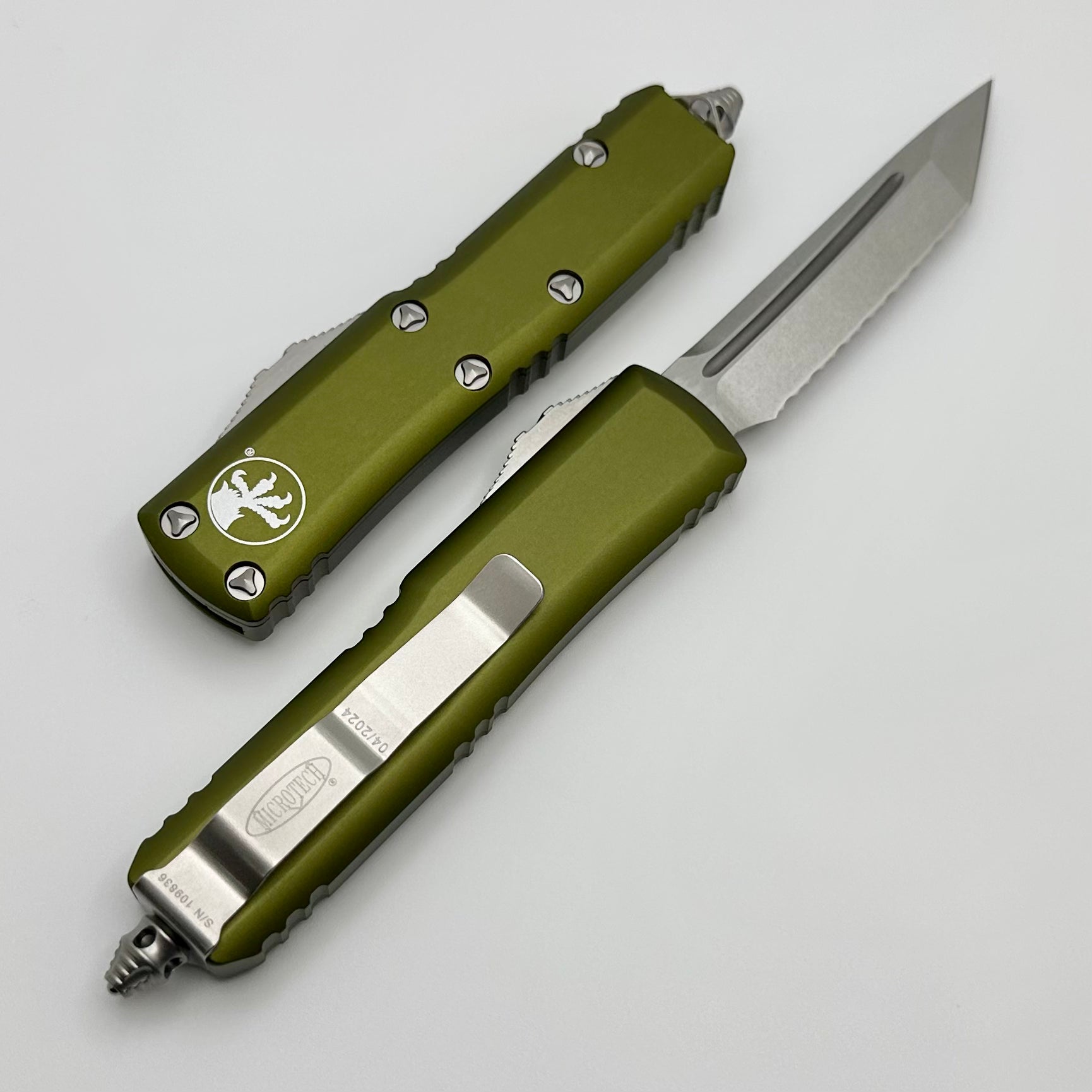 Premium Microtech UTX-85 Tanto Tactical Knife | OD Green Full Serrated Edge