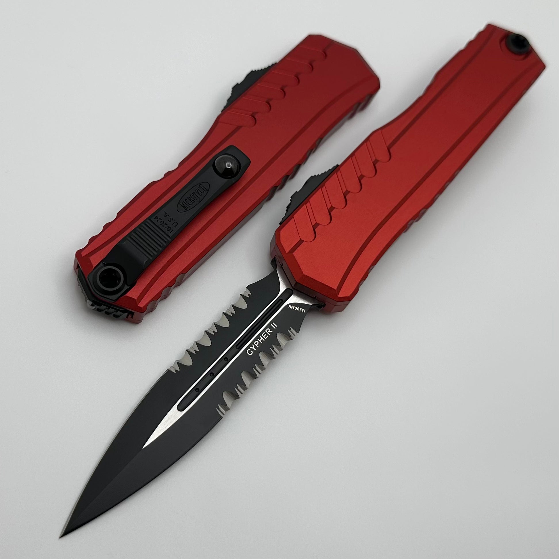 Microtech Cypher II OTF Knife - Black Partial Serrated Blade with Red Aluminum Handle