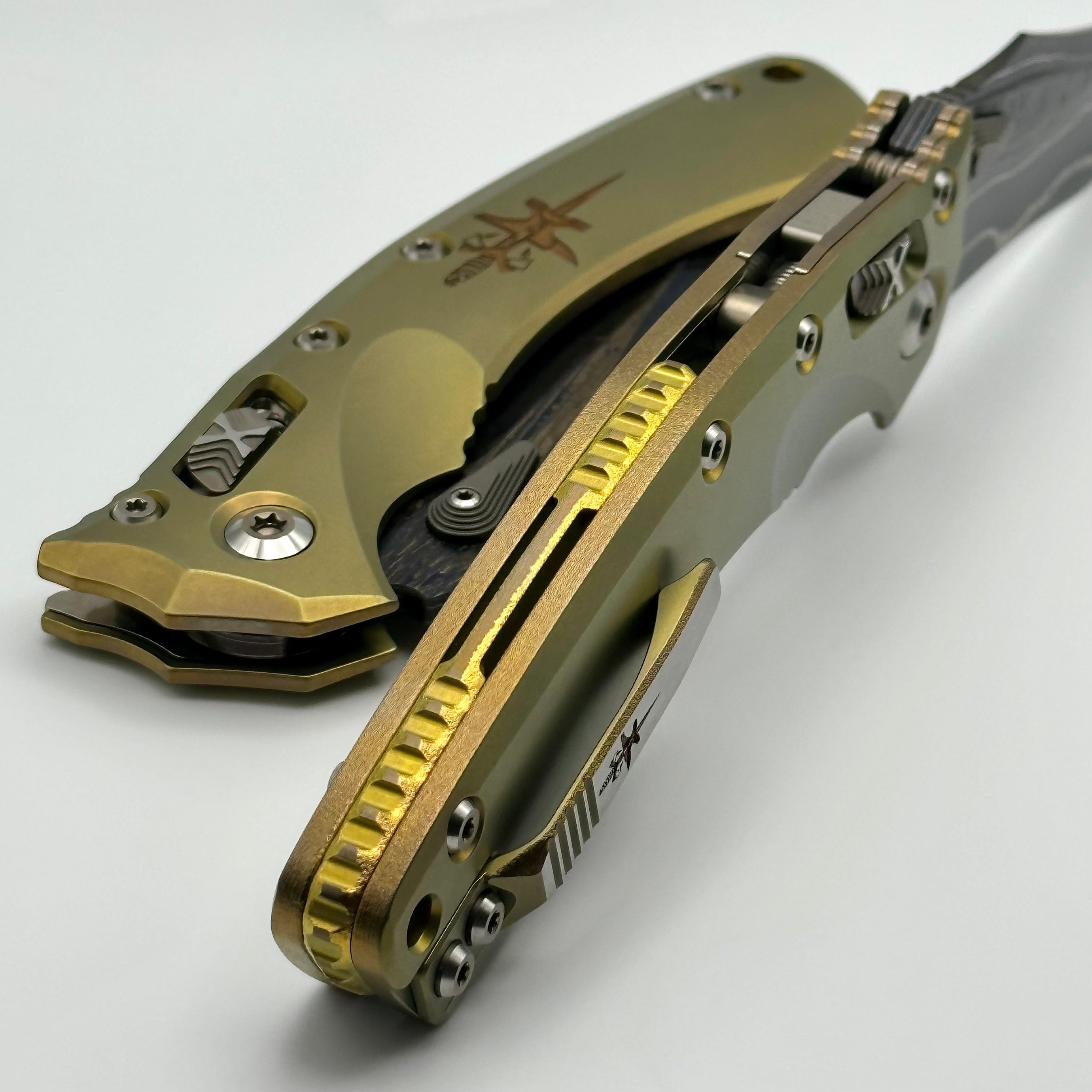Marfione Custom Knives Amphibian RAM-LOK Metroid Sanmai - Premium Broken Anvil Damascus & Sovereign Gold Titanium