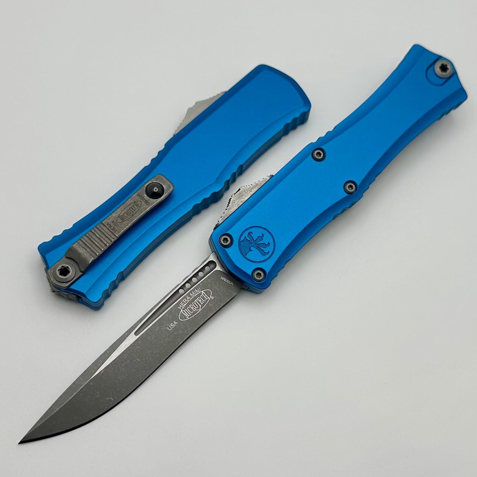 Premium Microtech Mini Hera Apocalyptic OTF Knife - Blue Aluminum Handle, M390MK Steel