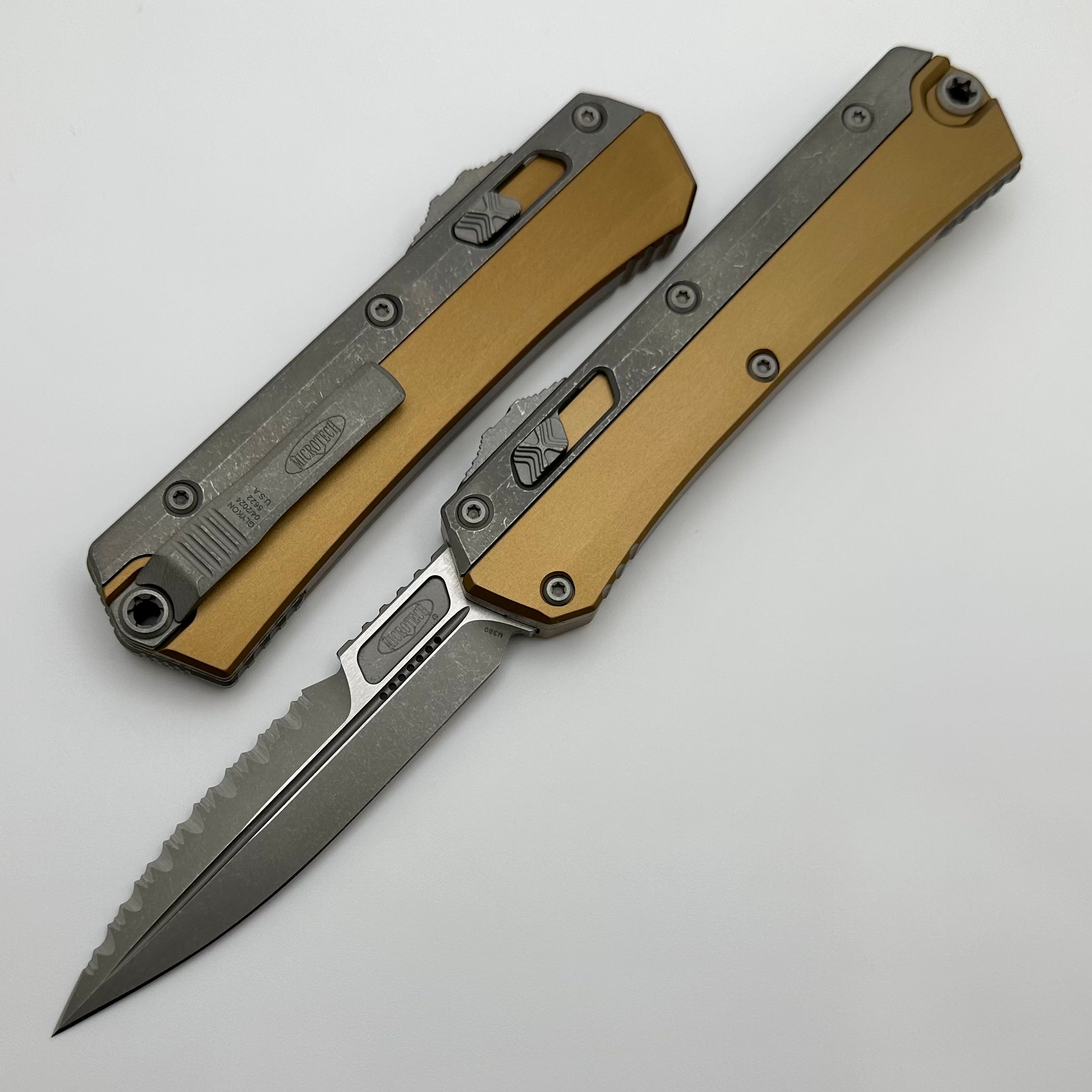 Premium Microtech Glykon Apocalyptic Bayonet - Partial Serrated, Tan Handle