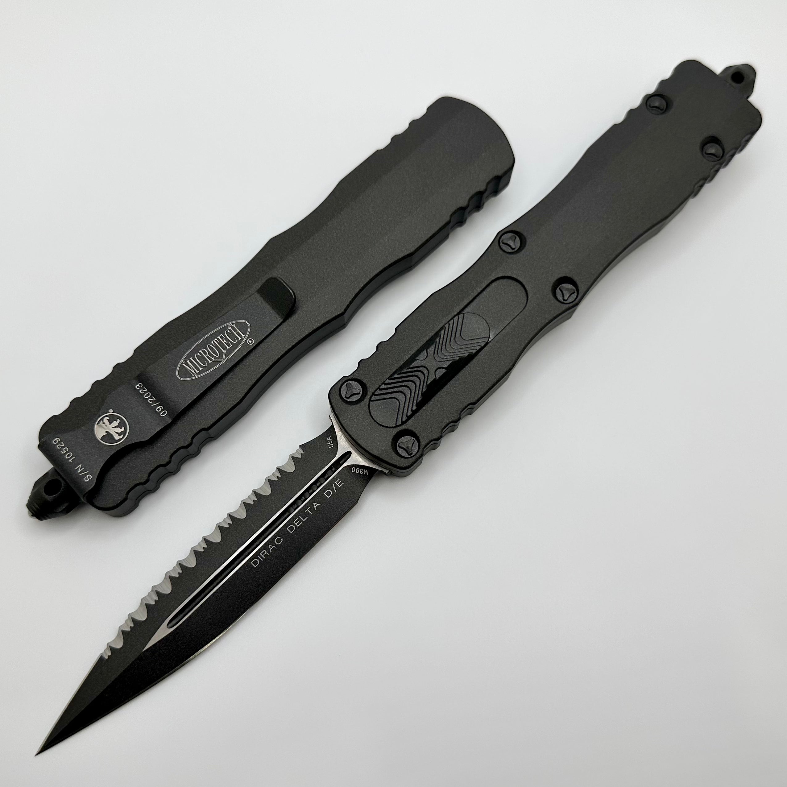 Premium Microtech Dirac Delta Double Edge Serrated OTF Knife - Dark Tungsten Cerakote