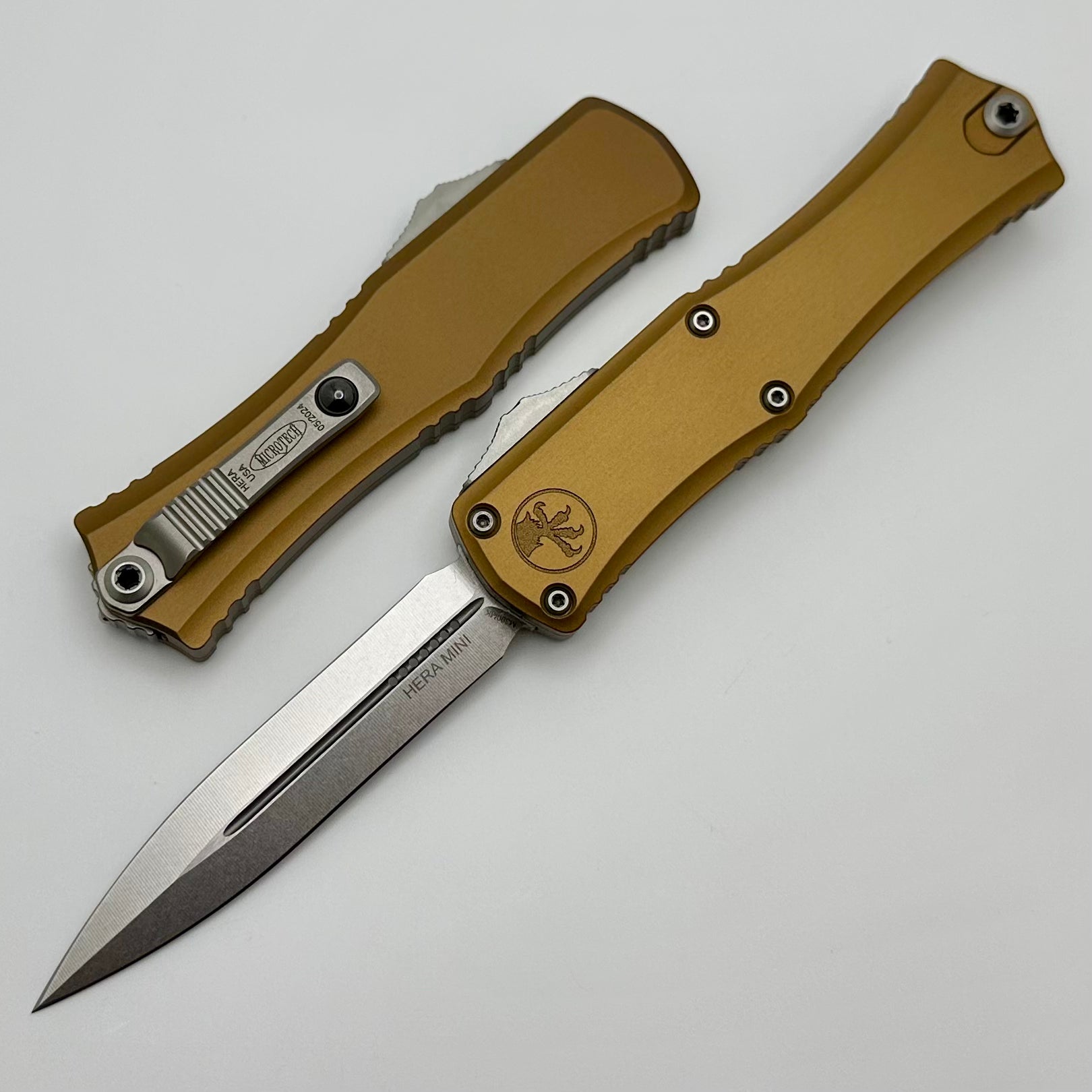 Microtech Mini Hera Stonewash Double Edge EDC Knife - Premium M390MK Blade & Tan Handle