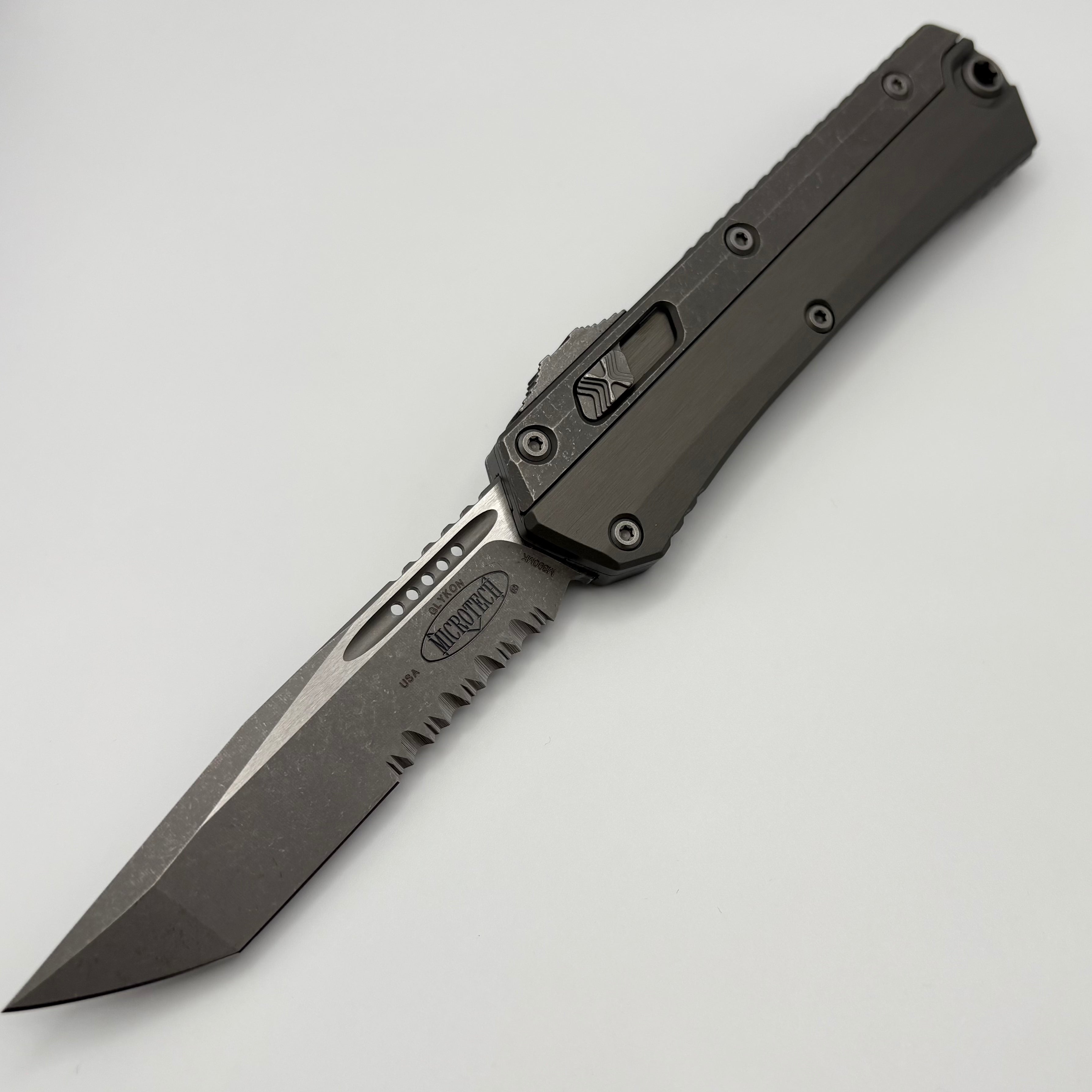 Premium Pre-Owned Microtech Glykon Apocalyptic Tanto Knife - Natural Clear, Partial Serrated Blade