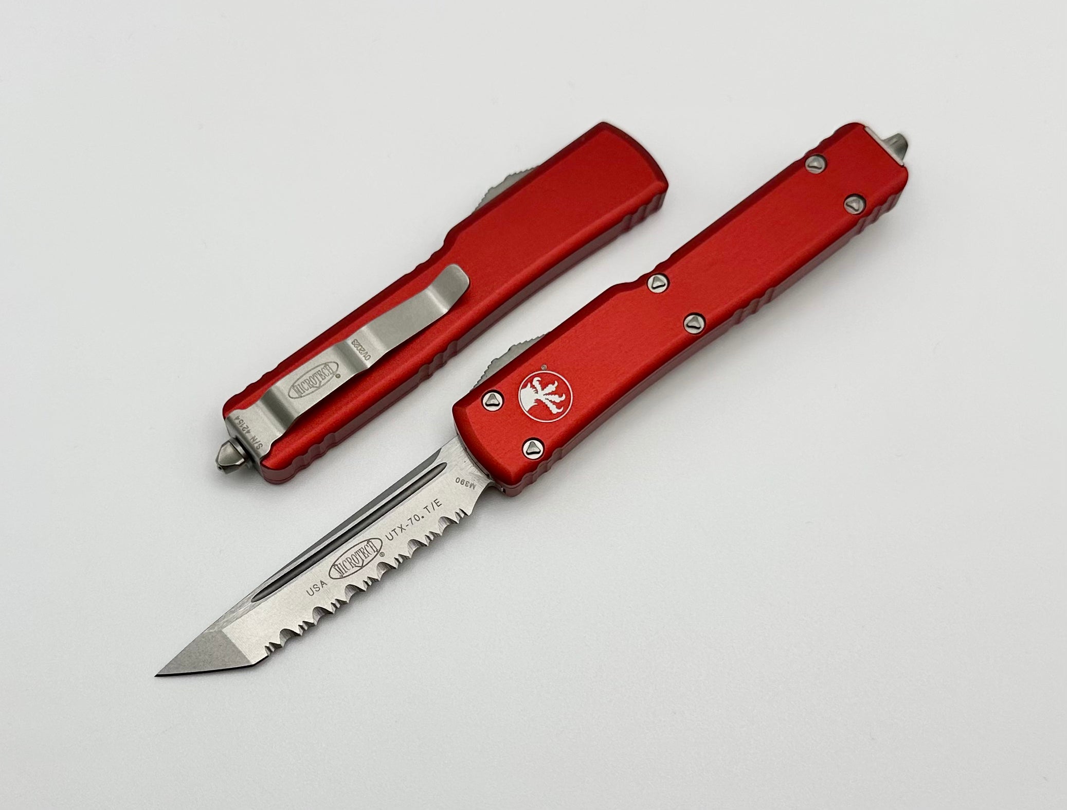 Premium Microtech UTX-70 Tanto Edge Full Serrated Knife - Stonewash & Red