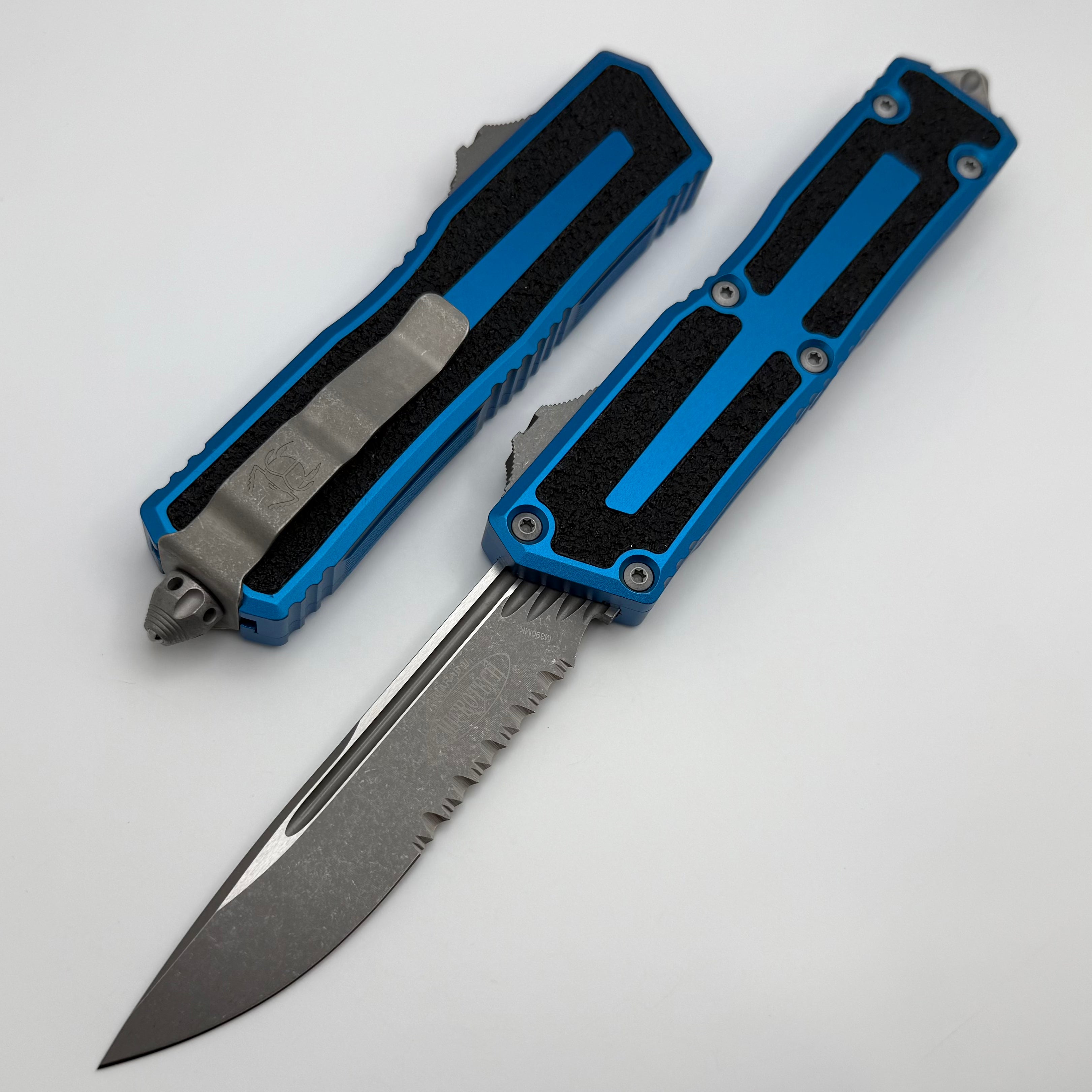 Microtech Scarab 2 Gen 3 S/E Apocalyptic Partial Serrated Knife with Blue Handle - Ultimate Tactical Tool