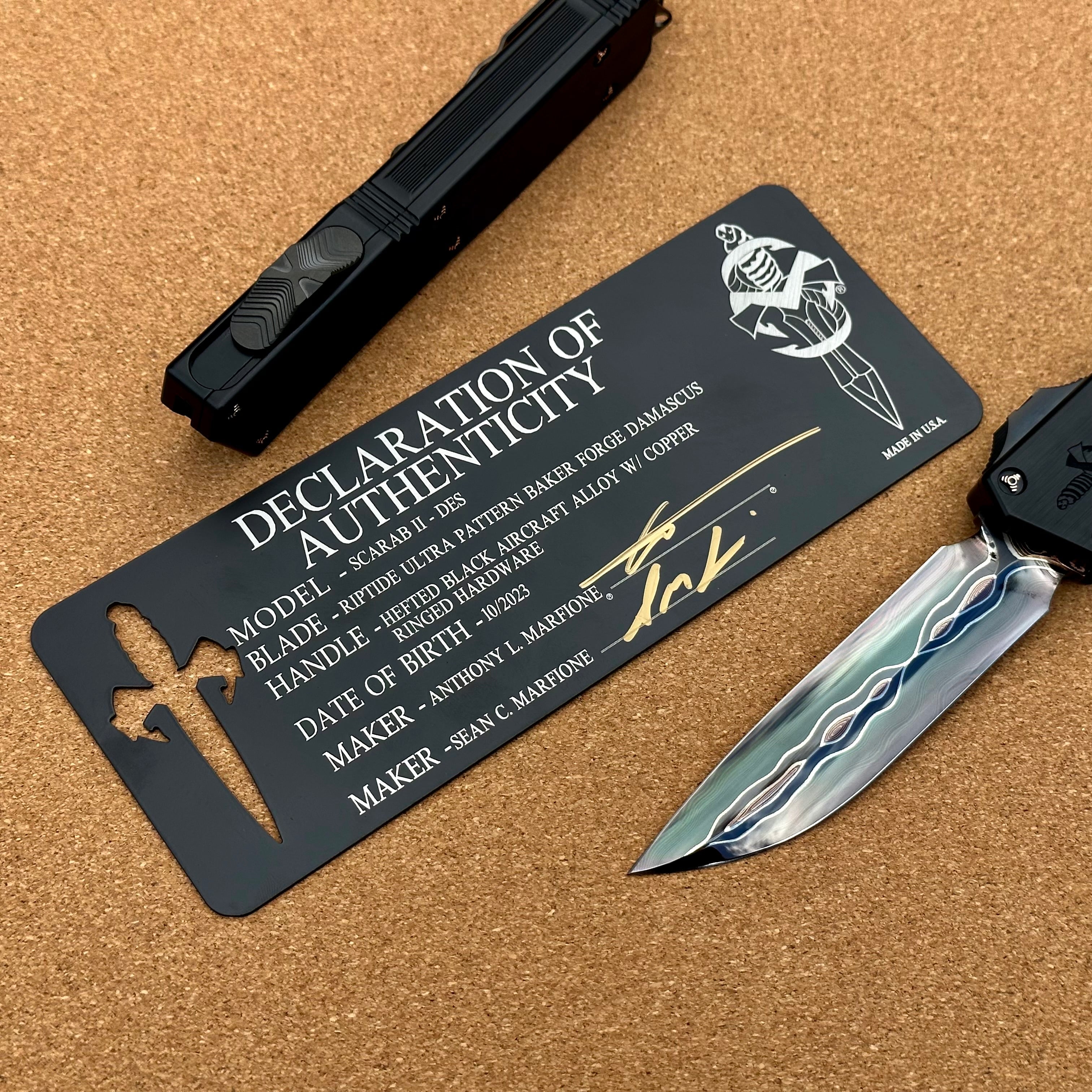 Premium Marfione Custom Scarab II Tactical OTF Knife - Ultra Damascus Blade & Hefted Black Handle