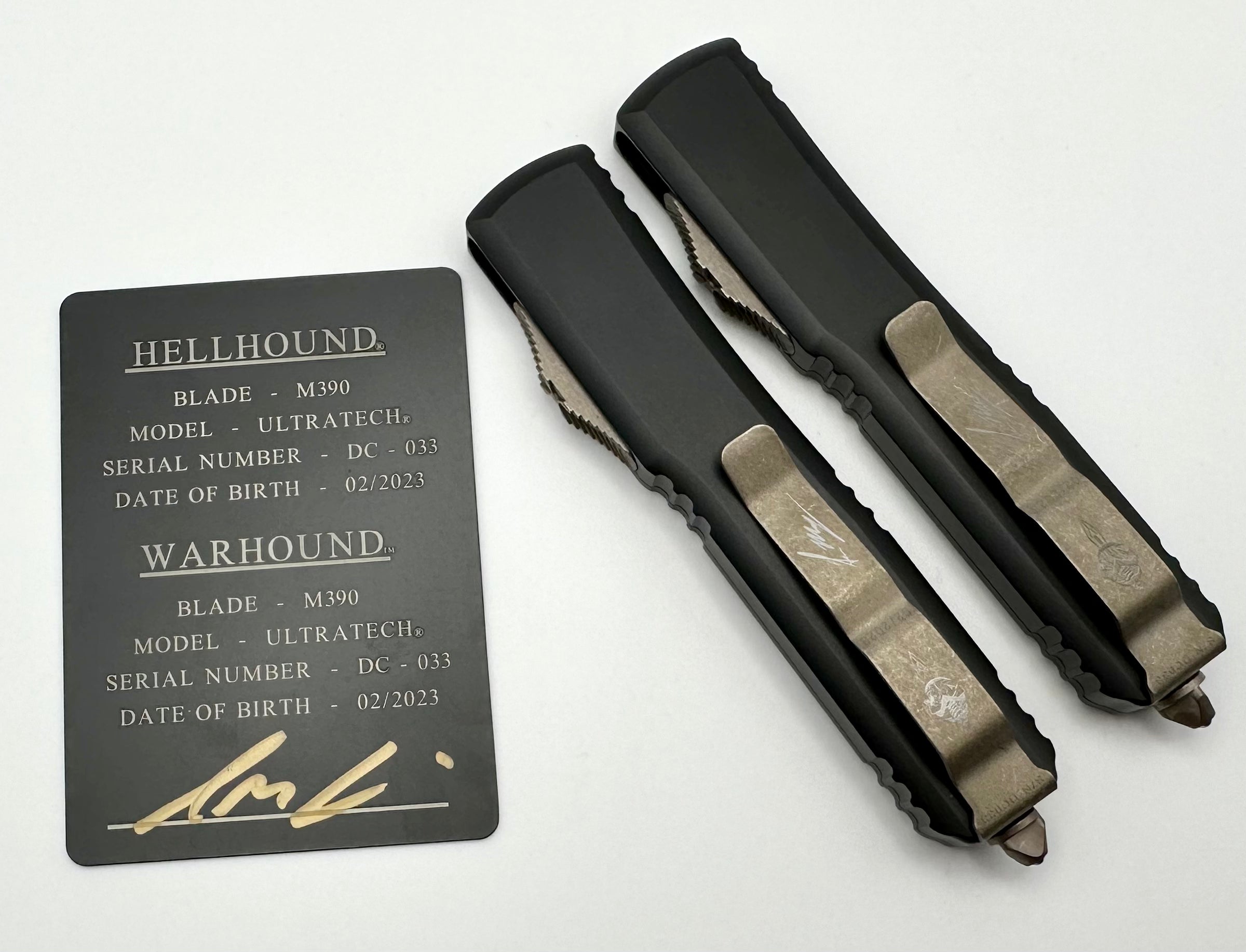 Microtech Ultratech Premium Signature Series: Death Card Hellhound & Warhound Set (Bronze Apocalyptic Finish)