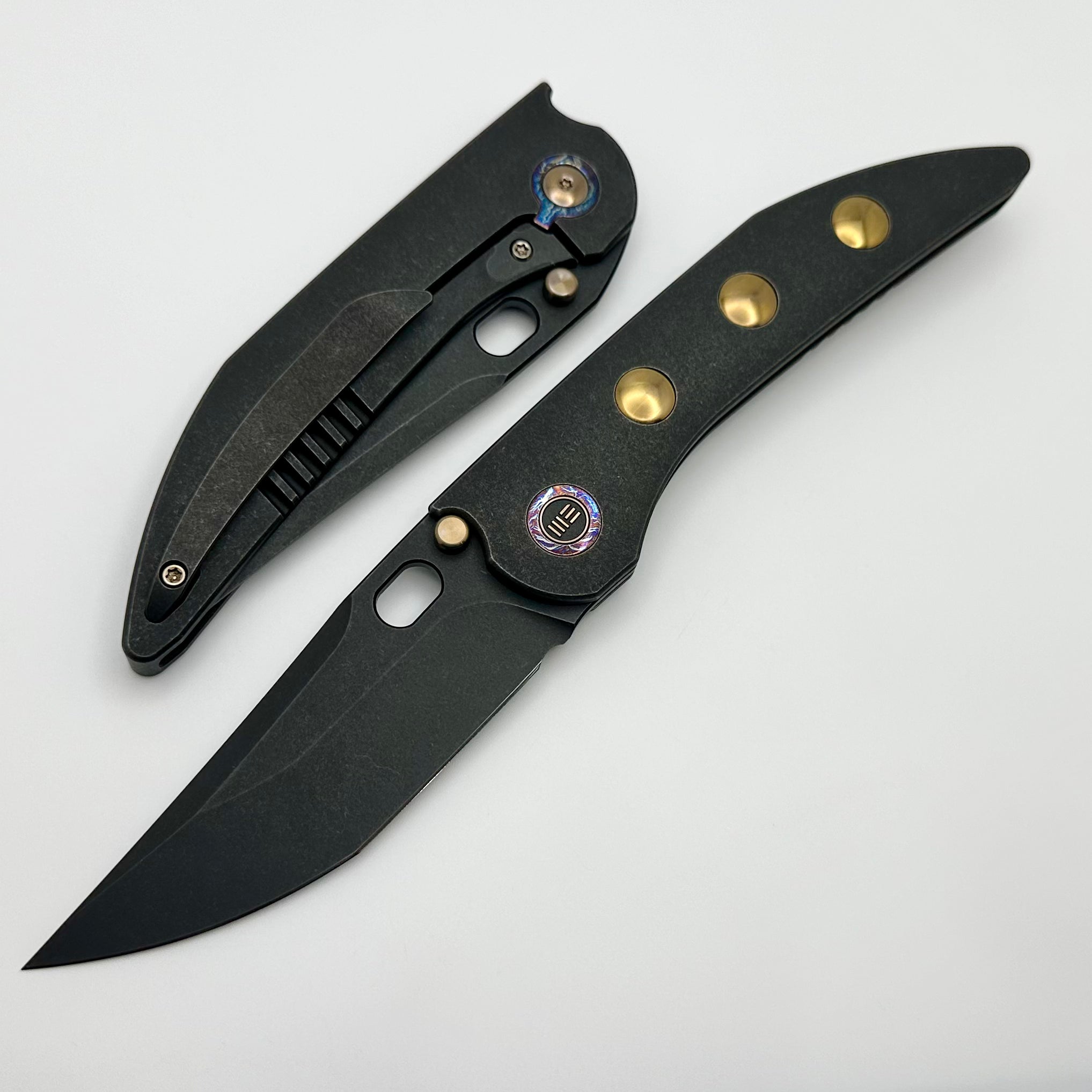 Premium We Knife Attor Black Titanium Integral Handle with Golden Inlays & Black Stonewash 20CV - Ultimate EDC Companion