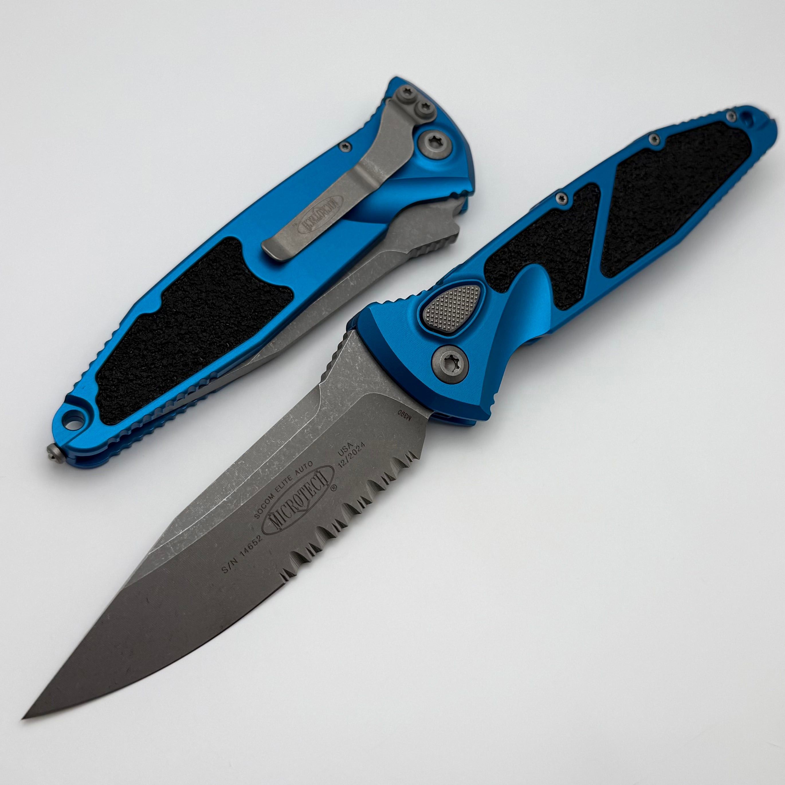 Microtech Socom Elite Auto Tactical Knife - Blue Handle, Apocalyptic Finish