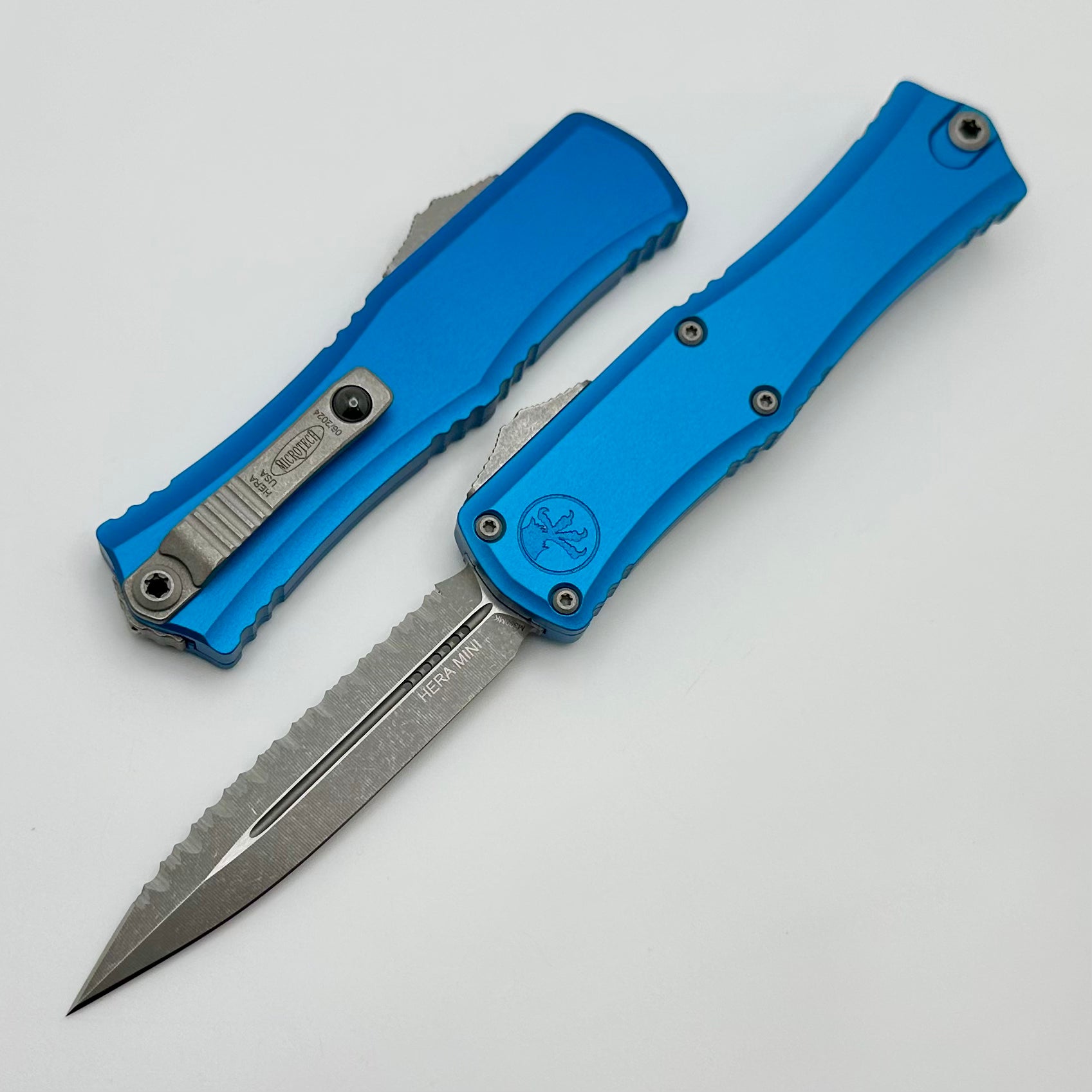 Microtech Premium Mini Hera Apocalyptic Full Serrated Double Edge Knife - Blue Handle