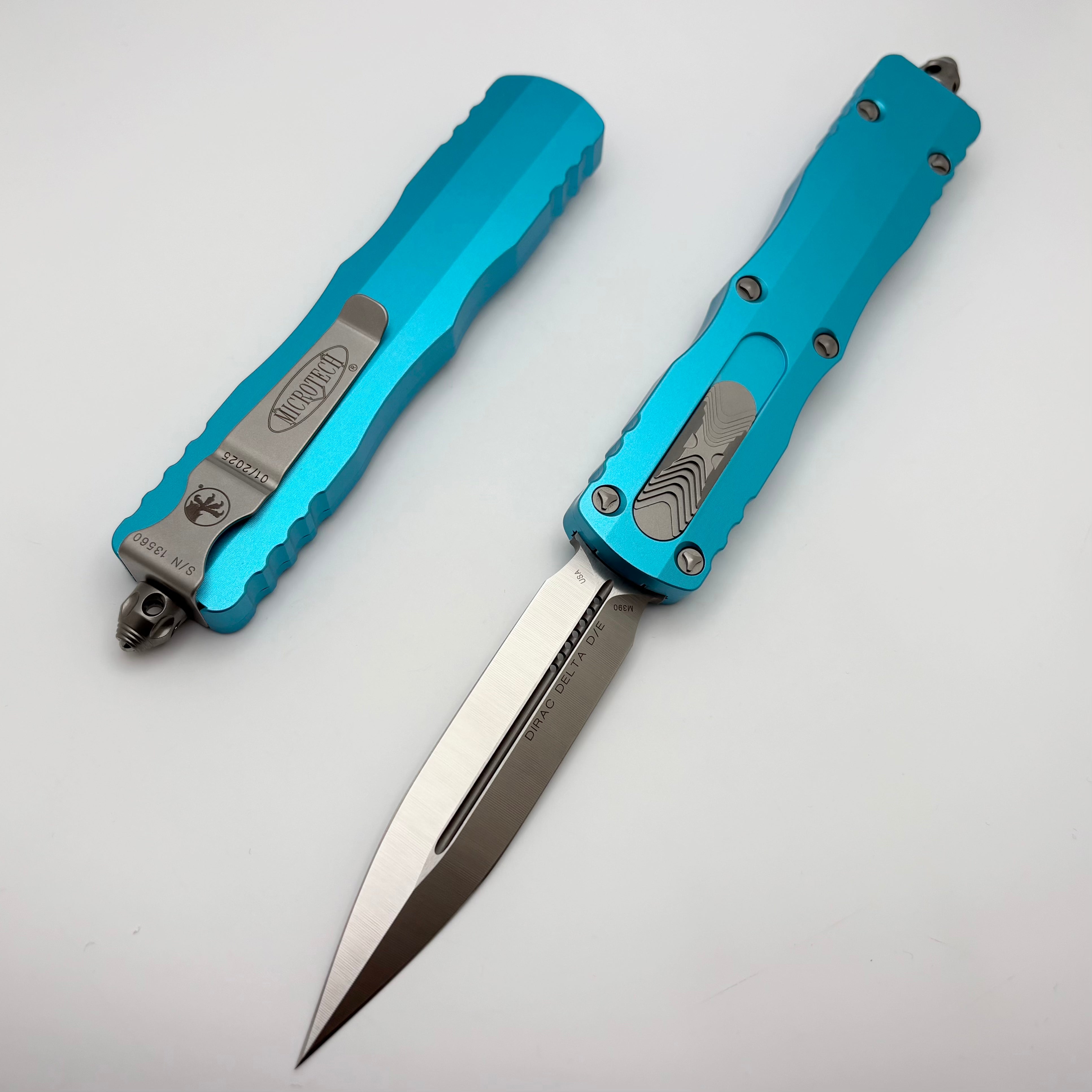 Premium Microtech Dirac Delta OTF Knife - Satin Blade & Turquoise Handles