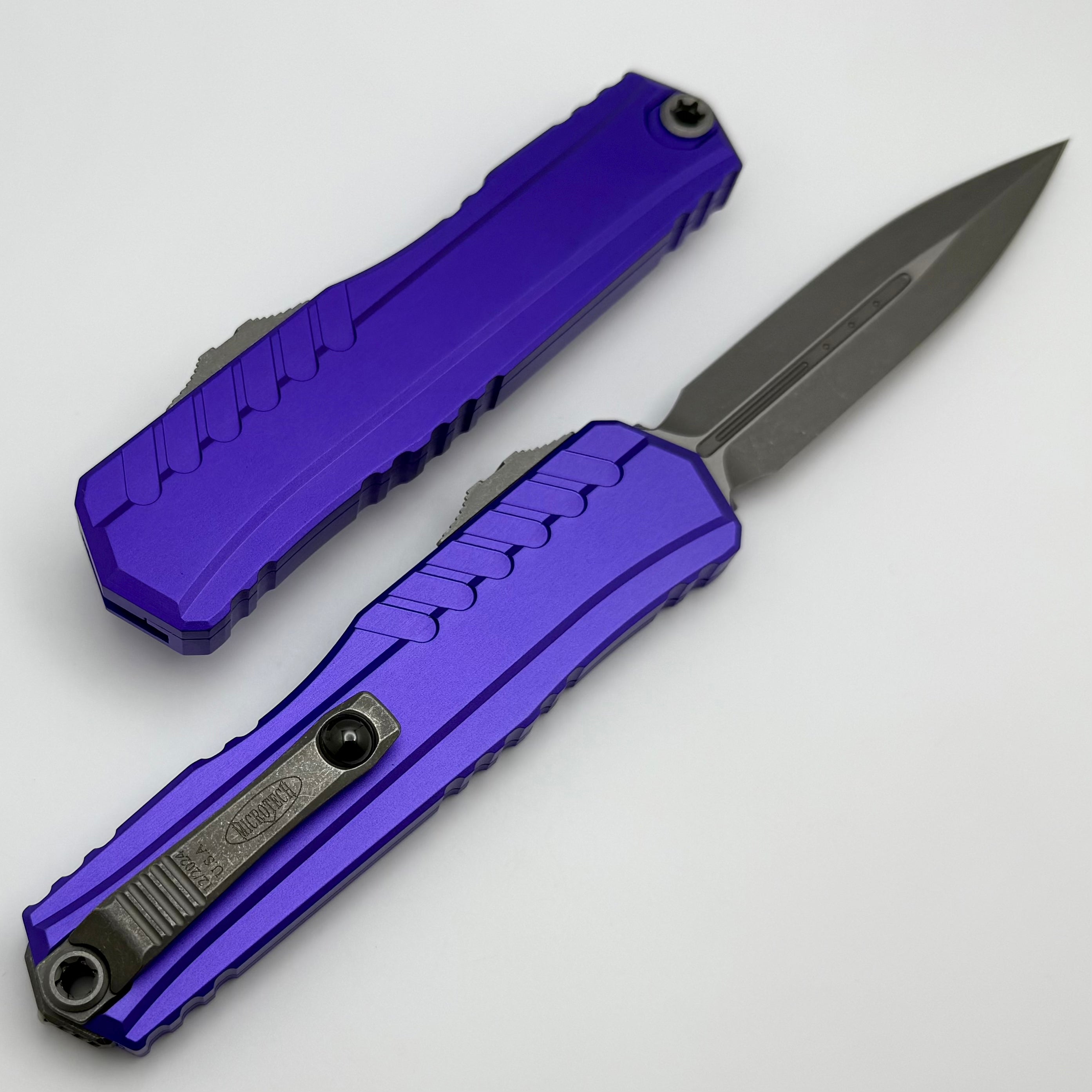 Microtech Cypher II Apocalyptic OTF Knife - Premium D/E Blade & Purple Aluminum Handle