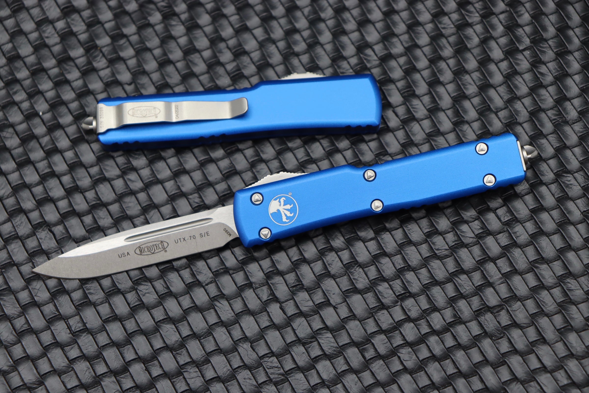 Microtech UTX-70 Compact EDC Knife | Stonewash & Blue Handle | M390 Steel