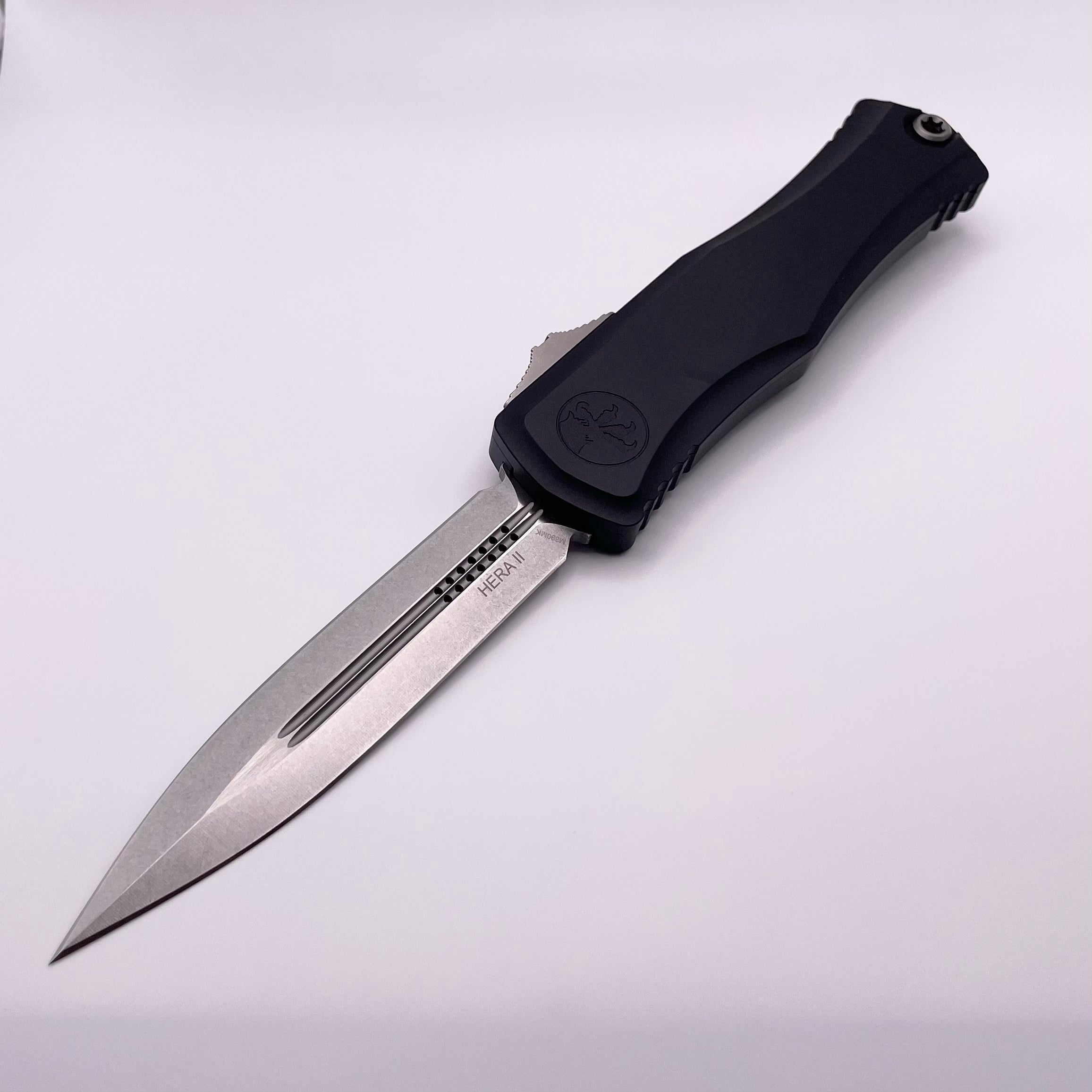 Premium Microtech Hera II Double Edge OTF Knife - Stonewash Finish, Black Handle