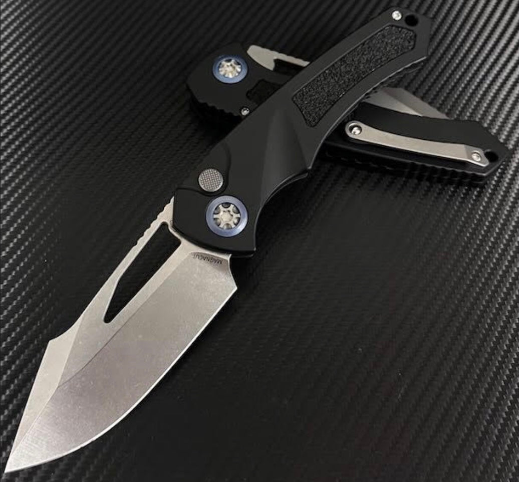 Premium Heretic Knives Pariah M/A Button Lock - Black Aluminum Handles with Stonewash MagnaCut Blade