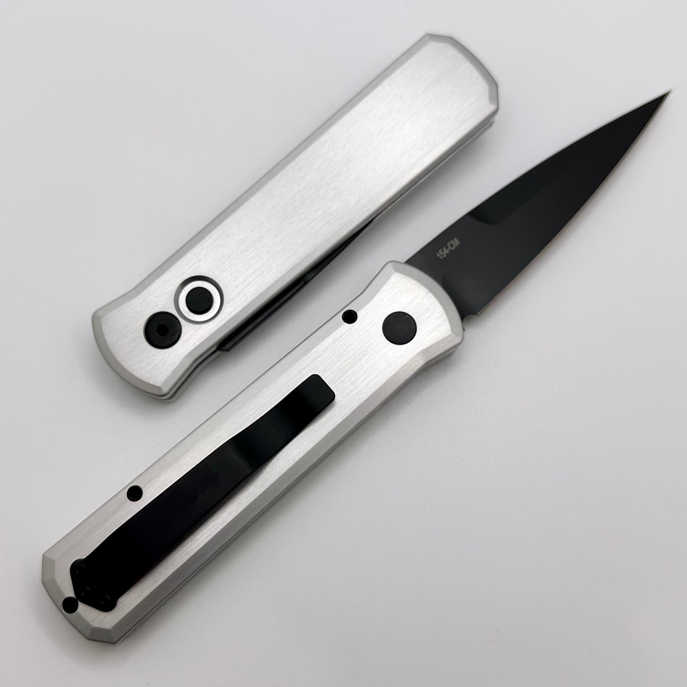 Pro-Tech Godson Premium Automatic Knife - Satin Silver Handle & Black 154-CM Blade