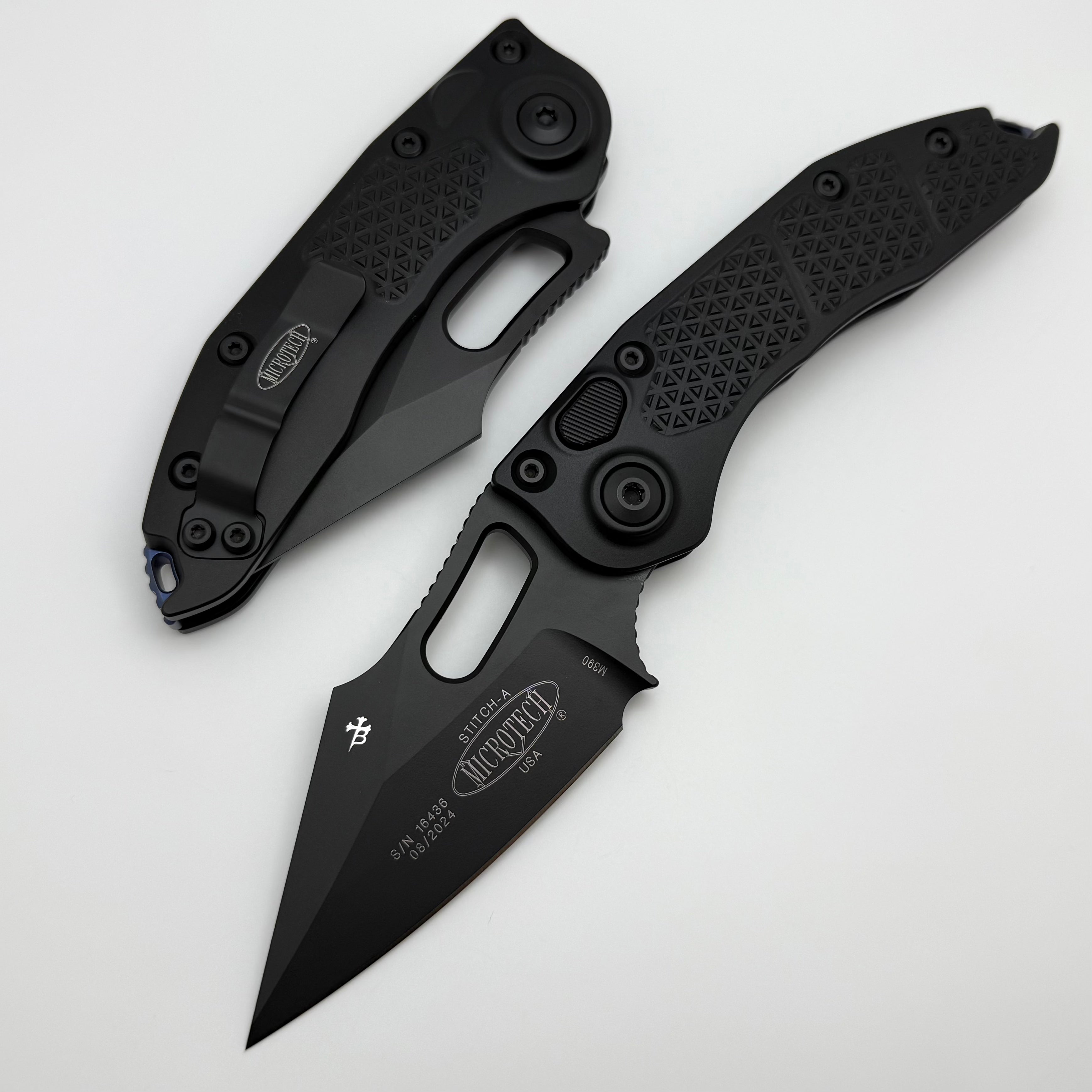 Microtech Borka Stitch Premium Tactical Knife - Black Blade with Blue Titanium Backspacer