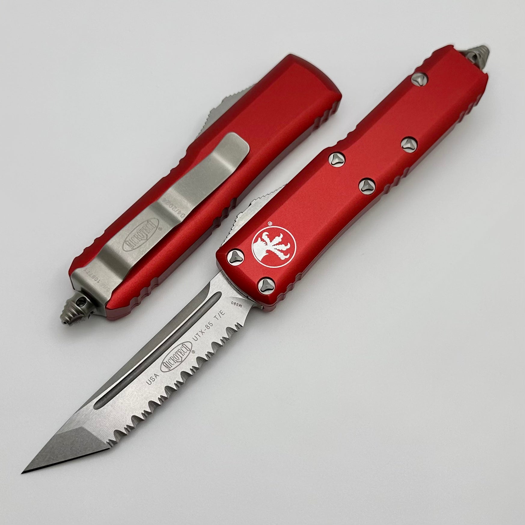 Premium Microtech UTX-85 Tanto Tactical EDC Knife - Stonewash Full Serrated & Red