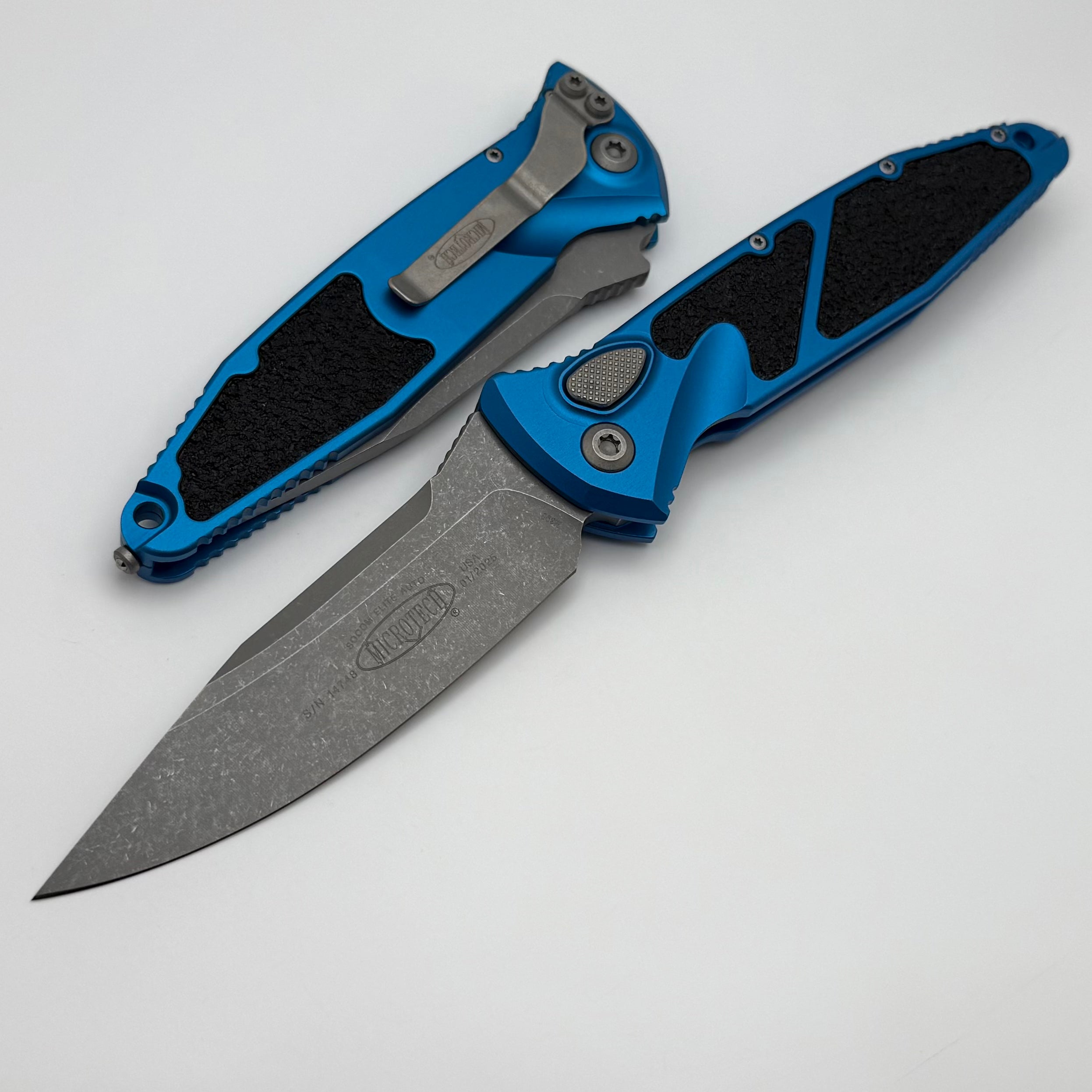 Microtech Socom Elite Auto Blue Tactical Knife with Apocalyptic Finish