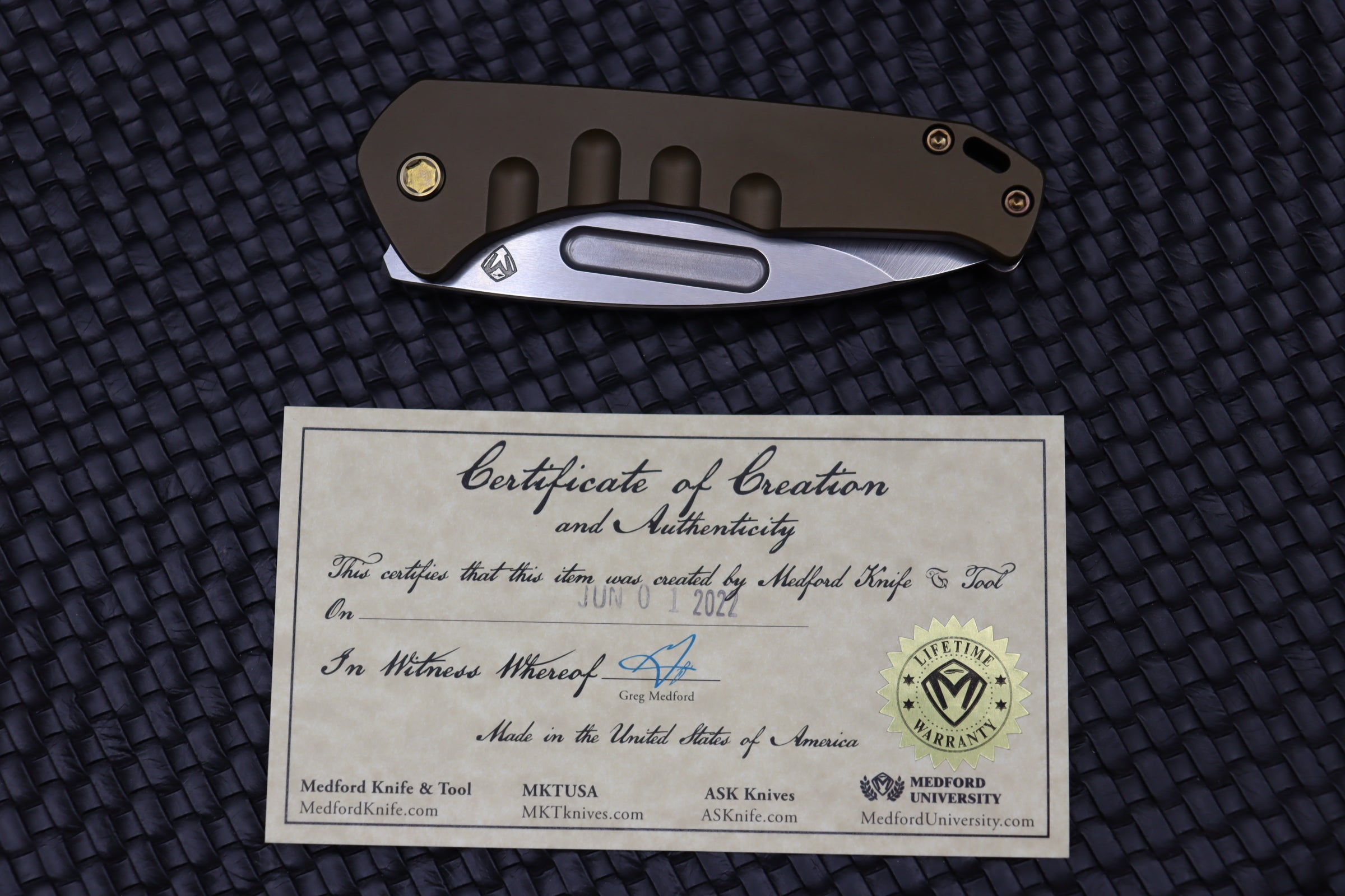 Premium Medford Praetorian Swift FL Framelock Knife - Tumbled Drop Point S35VN Blade & Green Handle with Bronze Hardware